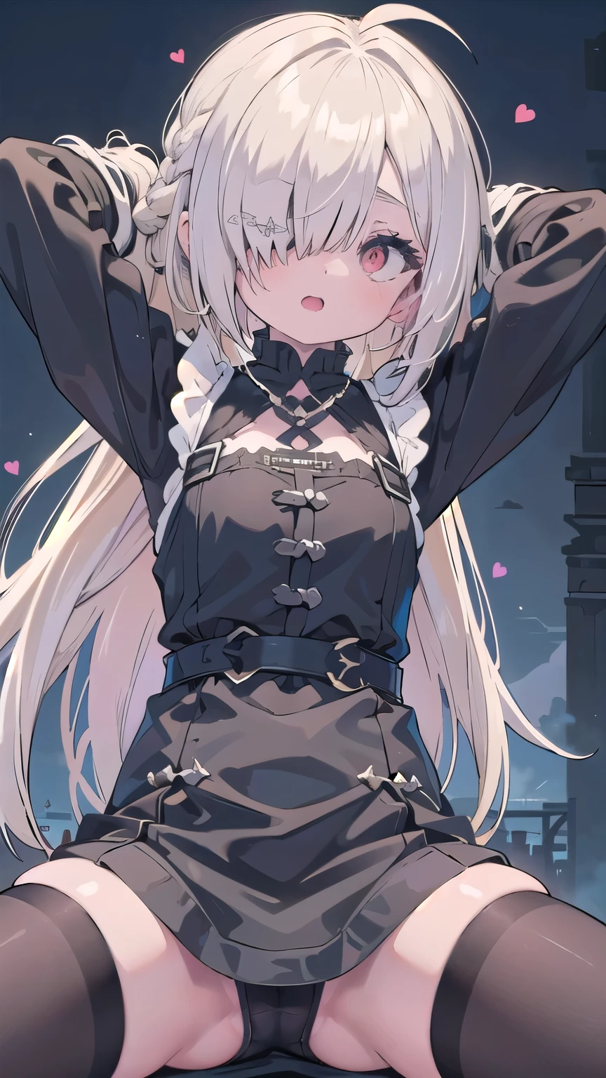 masterpiece, medieval townscape horizon Upper body girl , gothic maid, nsfw, spread legs hands behind head clear blonde two tone hair, ((((((hair over one eye)))))), Braid Styles, spiked hair, blunt bangs, bob hair, a braid, Ahoge red eyes looking at the viewer adventurer ((from front)), open mouth, scared, standing, spread legs, spoken heart