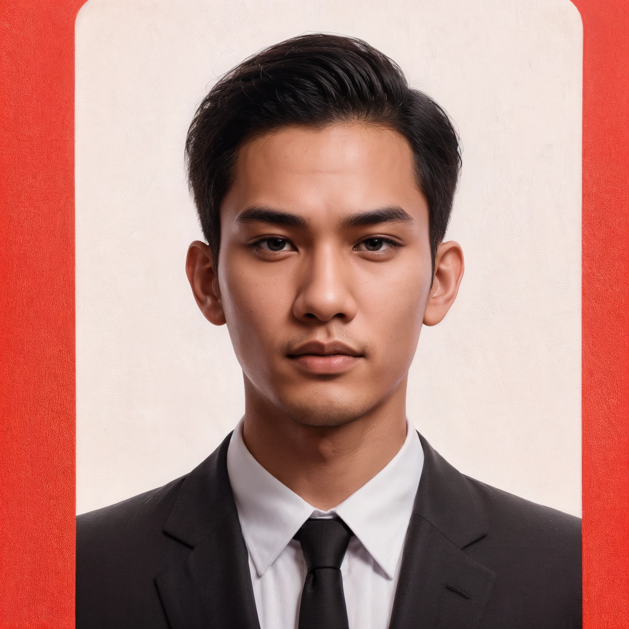 Photorealistic passport photo, a 25 year old Indonesian man with a thin body, fat body , wearing a black neat suit, Wearing a white tie, behind man are blank. The background color is plain bright red, blank background, empty background, without passport book, very realistic, front view. Ultra HD.