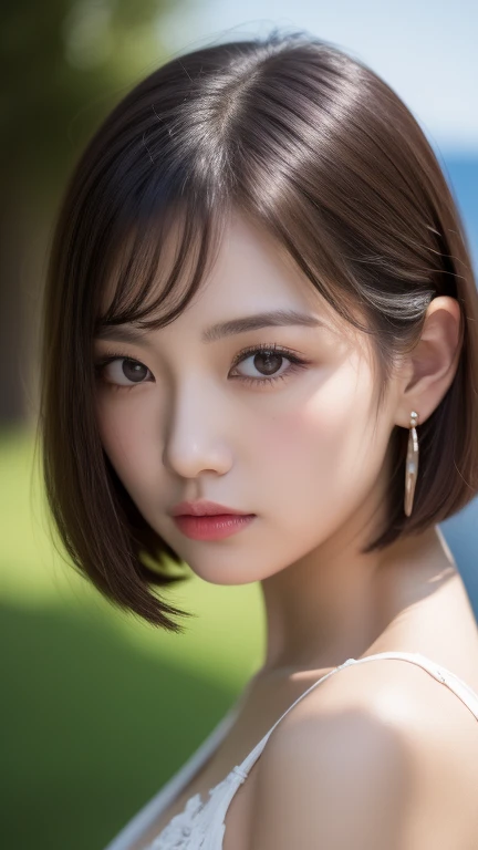 (((masterpiece))), highest quality, very detailed, detailed background, very beautiful girl, Japanese, 12, detailed face, bangs, (whole body:1.3), (random hairstyle :1.2), (young face), (perfect body:1.1), blouse, summer, In 8K, wallpaper, wonderful, finely, Super detailed, ultra high resolution, very detailed, pure erotic face, very detailed目と顔, beautiful and detailed eyes, very detailed肌, The beauty of slim abs, no makeup, (natural skin), Feminine adult loose short bob, beautiful small face, realistic face, Beautiful actress&#39;s natural makeup, Slit eyes that suck you in, Plumpy glossy red lips, flushed cheeks, earrings, double eyelid, beautiful thin eyebrows, random floral panties、along the coast、look forward、A face that feels with its mouth half open, 足元から見上げた見事なwhole bodyショット, look at the viewer with a fascinated expression、dynamic lighting
