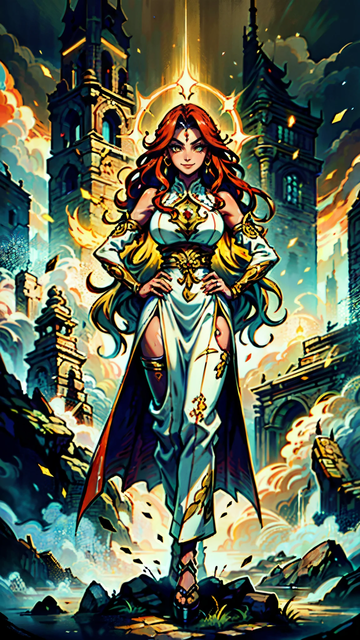 ((A girl with long deep red wavy hair)), slender upturned eyebrows, sharp eyes, delicate features, ((a mix of Central Asian and European facial characteristics)), a hint of a smile at the corner of her mouth, exuding confidence, her figure is svelte, ((a fantasy-style long dress designed for both ease of movement and regal elegance, loose and comfortable trousers that match the outfit for ease of movement, red and white as the main color, complemented by yellow accents)), proudly standing with hands on hips, the scene is set in a majestic fantasy-style ancient city that melds Chinese and Japanese architectural influences, this character embodies a finely crafted fantasy wuxia-style female warrior in anime style, exquisite and mature manga art style, perfect nose, perfect mouth, perfect eyes, perfect hair, Perfect skin, textured skin, detailed skin, porcelain skin, high definition, best quality, highres, ultra-detailed, ultra-fine painting, extremely delicate, professional, anatomically correct, symmetrical face, extremely detailed eyes and face, high quality eyes, creativity, RAW photo, UHD, 32k, Natural light, cinematic lighting, masterpiece-anatomy-perfect, masterpiece:1.5