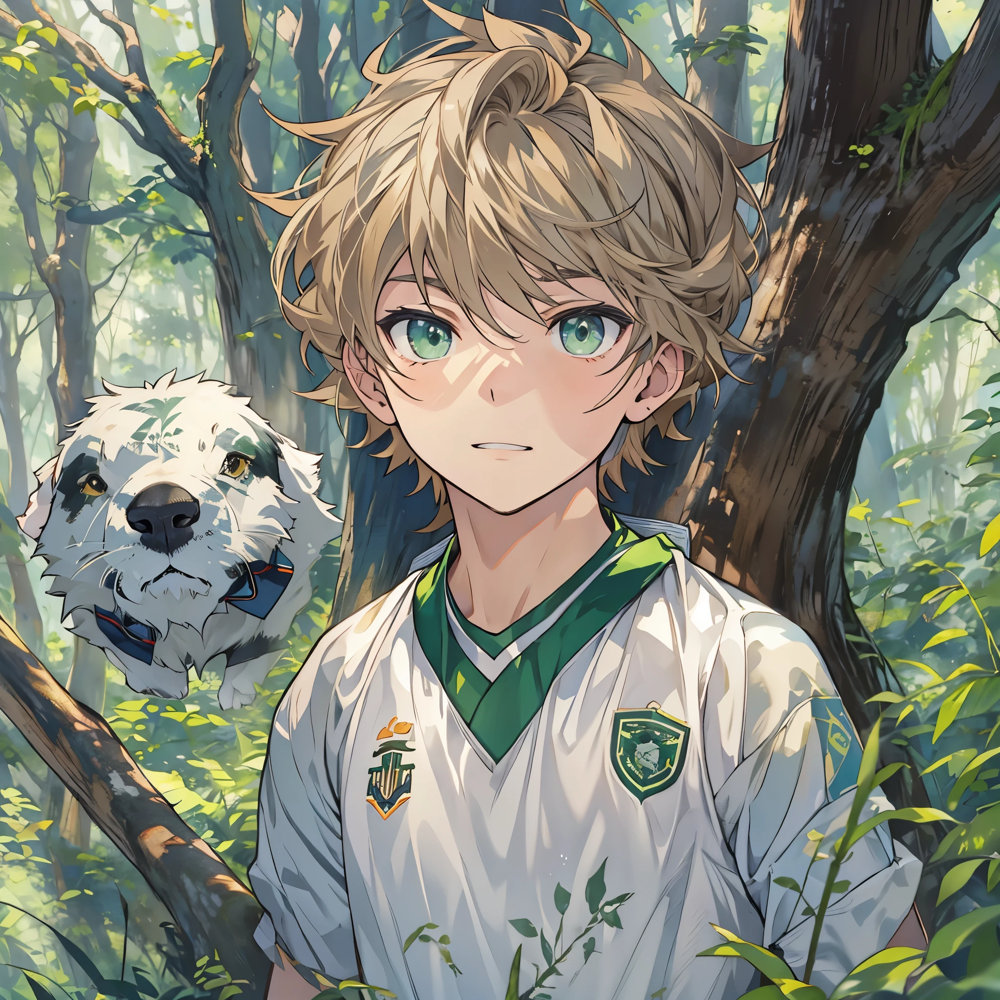 1boy, masculino, soccer uniform , green eyes , inside the forest, wild