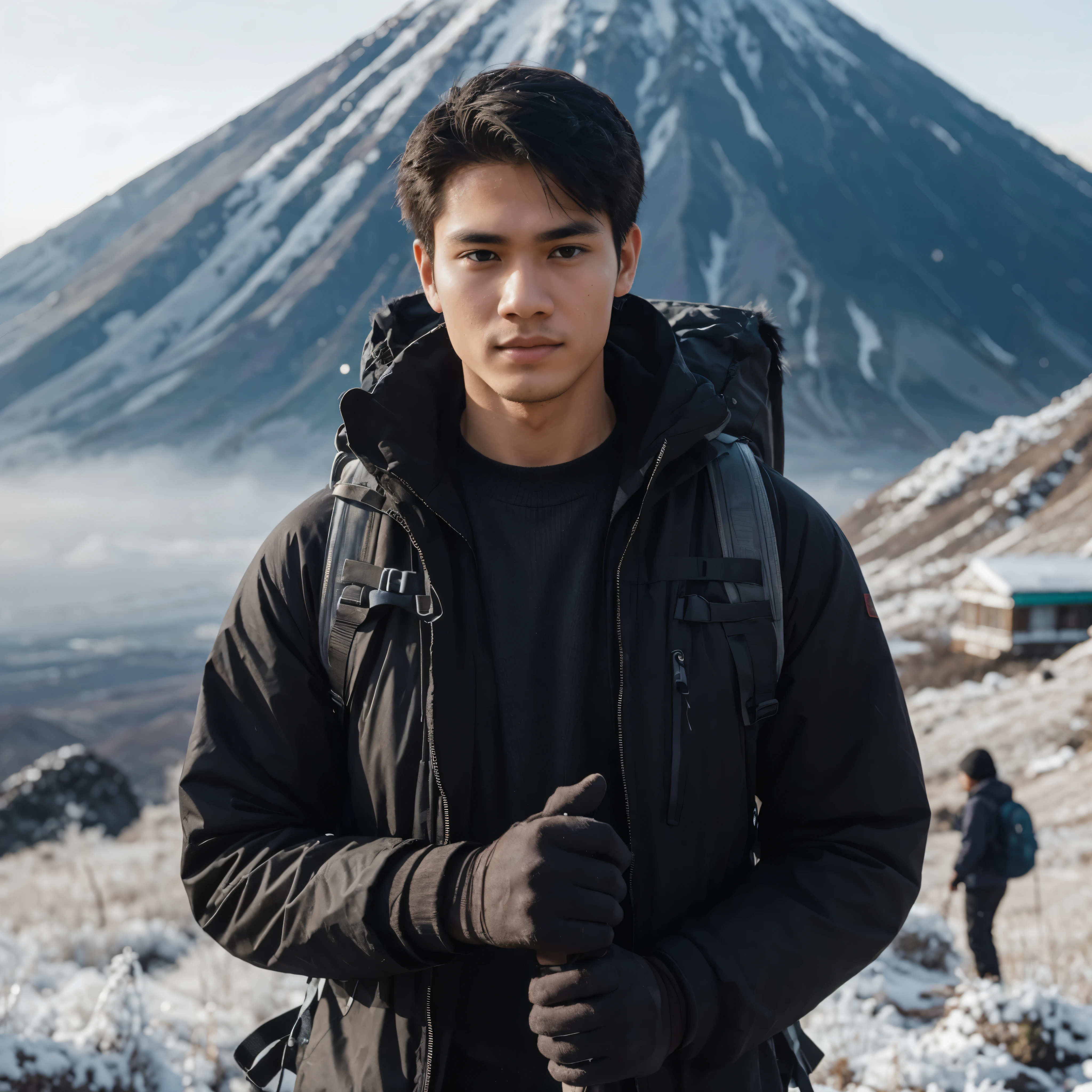 Generate IMG, Best Quality, Masterpiece, Ultra High Resolution, (Realistic: 1.4), Photo Results, long distance shooting. Natural Lighting. 1 young man, 25 years old, side hair, Indonesian face, fit body, oval face, clean face, smooth face, faint smile, looking at the audience, wearing black winter clothes, long trousers, carrying a large backpack, right hand holding a mountain climbing stick, atmosphere background of Volcano Sindoro, Volcano Sindoro, cold, snowy.
