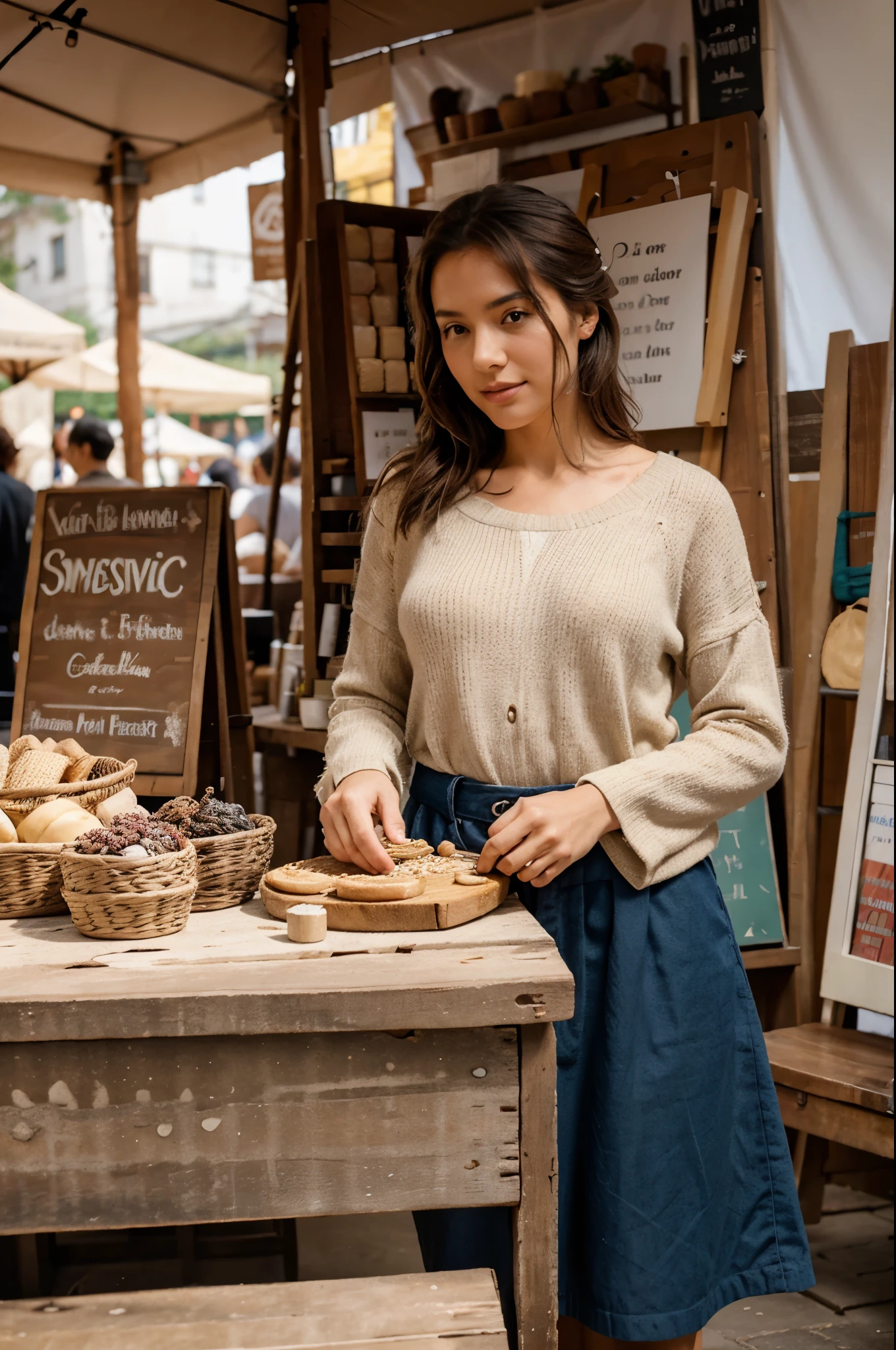 Capture her in a cozy artisanal market or craft fair, showcasing handmade goods and local craftsmanship. She wears artisan-inspired fashion, supporting small businesses and celebrating artisanal traditions.