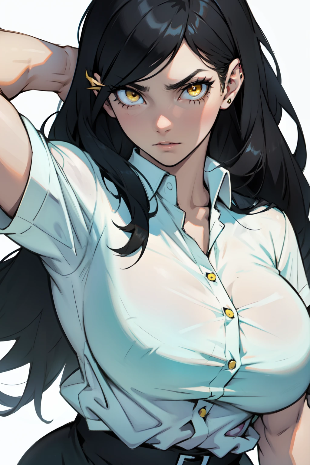 huge breasts pale skin very long hair black hair yellow eyes ((((((1 girl)))))) (((((muscular))))) (transparent shirt)