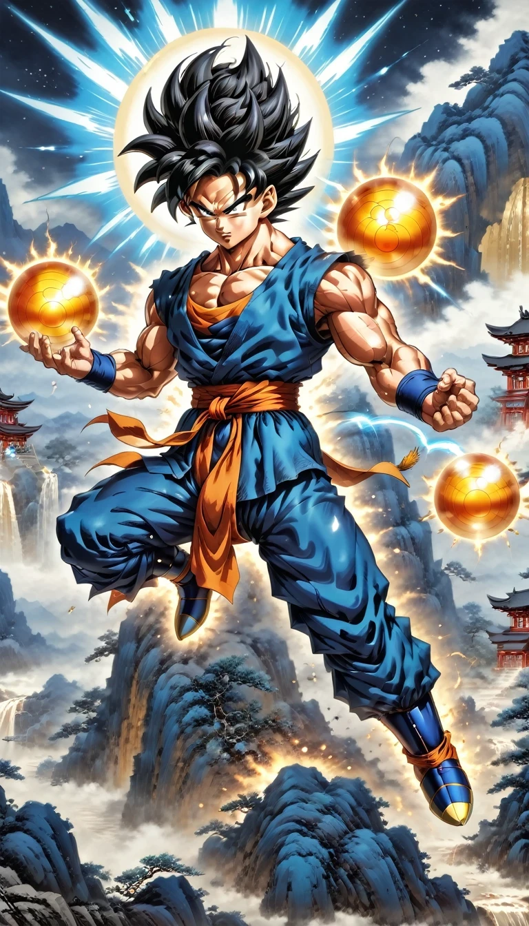 (best quality,4k,8k,high resolution,masterpiece:1.2),Super detailed,(actual,photoactual,photo-actual:1.37),illustration,dragon ball,figure,Wukong,vegnette,robust,Saiyan,fighting,energy beam,Action packed,史诗般的fighting,martial arts,Explosive force level,flight,gas explosion,Transformation,Characteristic hairstyle,muscular,otherworldly existence,fantasy,venture,superhuman strength,Supernatural abilities,angry,Axia,Namexians,robot,fighting championship,galactic conquest,cosmic threat,evil villain,The ultimate warrior,Orbital energy attack,dynamic poses,rich and colorful,shining,eye-catching,high-energy,Explosive effect,Orin Temple,dragon balls,deformation,interesting,good and evil,Teamwork,loyalty,destiny,immortal,lasting legacy,A symbol of power,The spirit of never giving up,Heroes who save the earth,larger than life,Legend,Engaging narrative,Fast-paced,Rapid heartbeat,universe-altering ventures,Dream of becoming the strongest warrior.