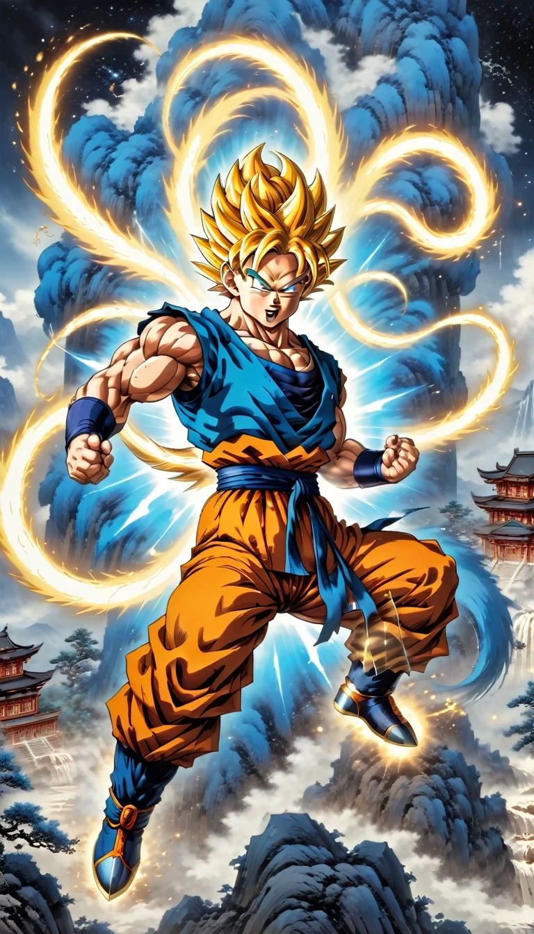 (best quality,4k,8k,high resolution,masterpiece:1.2),Super detailed,(actual,photoactual,photo-actual:1.37),illustration,dragon ball,figure,Wukong,vegnette,robust,Saiyan,fighting,energy beam,Action packed,史诗般的fighting,martial arts,Explosive force level,flight,gas explosion,Transformation,Characteristic hairstyle,muscular,otherworldly existence,fantasy,venture,superhuman strength,Supernatural abilities,angry,Axia,Namexians,robot,fighting championship,galactic conquest,cosmic threat,evil villain,The ultimate warrior,Orbital energy attack,dynamic poses,rich and colorful,shining,eye-catching,high-energy,Explosive effect,Orin Temple,dragon balls,deformation,interesting,good and evil,Teamwork,loyalty,destiny,immortal,lasting legacy,A symbol of power,The spirit of never giving up,Heroes who save the earth,larger than life,Legend,Engaging narrative,Fast-paced,Rapid heartbeat,universe-altering ventures,Dream of becoming the strongest warrior.