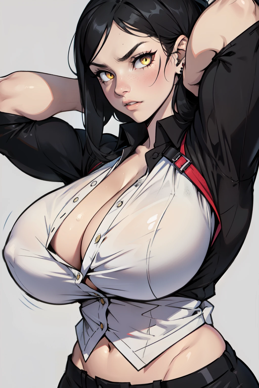 ((muscular)) girl huge breasts black hair yellow eyes despair pale girl tight shirt