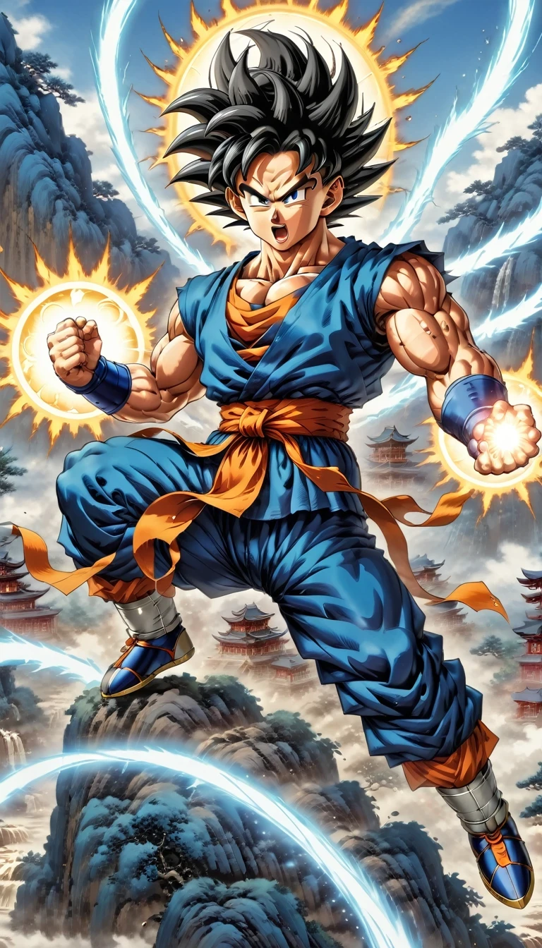 (best quality,4k,8k,high resolution,masterpiece:1.2),Super detailed,(actual,photoactual,photo-actual:1.37),illustration,dragon ball,figure,Wukong,vegnette,robust,Saiyan,fighting,energy beam,Action packed,史诗般的fighting,martial arts,Explosive force level,flight,gas explosion,Transformation,Characteristic hairstyle,muscular,otherworldly existence,fantasy,venture,superhuman strength,Supernatural abilities,angry,Axia,Namexians,robot,fighting championship,galactic conquest,cosmic threat,evil villain,The ultimate warrior,Orbital energy attack,dynamic poses,rich and colorful,shining,eye-catching,high-energy,Explosive effect,Orin Temple,dragon balls,deformation,interesting,good and evil,Teamwork,loyalty,destiny,immortal,lasting legacy,A symbol of power,The spirit of never giving up,Heroes who save the earth,larger than life,Legend,Engaging narrative,Fast-paced,Rapid heartbeat,universe-altering ventures,Dream of becoming the strongest warrior.