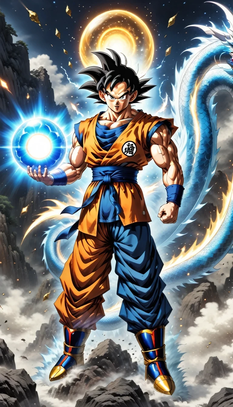 (best quality,4k,8k,high resolution,masterpiece:1.2),Super detailed,(actual,photoactual,photo-actual:1.37),illustration,dragon ball,figure,Wukong,vegnette,robust,Saiyan,fighting,energy beam,Action packed,史诗般的fighting,martial arts,Explosive force level,flight,gas explosion,Transformation,Characteristic hairstyle,muscular,otherworldly existence,fantasy,venture,superhuman strength,Supernatural abilities,angry,Axia,Namexians,robot,fighting championship,galactic conquest,cosmic threat,evil villain,The ultimate warrior,Orbital energy attack,dynamic poses,rich and colorful,shining,eye-catching,high-energy,Explosive effect,Orin Temple,dragon balls,deformation,interesting,good and evil,Teamwork,loyalty,destiny,immortal,lasting legacy,A symbol of power,The spirit of never giving up,Heroes who save the earth,larger than life,Legend,Engaging narrative,Fast-paced,Rapid heartbeat,universe-altering ventures,Dream of becoming the strongest warrior.