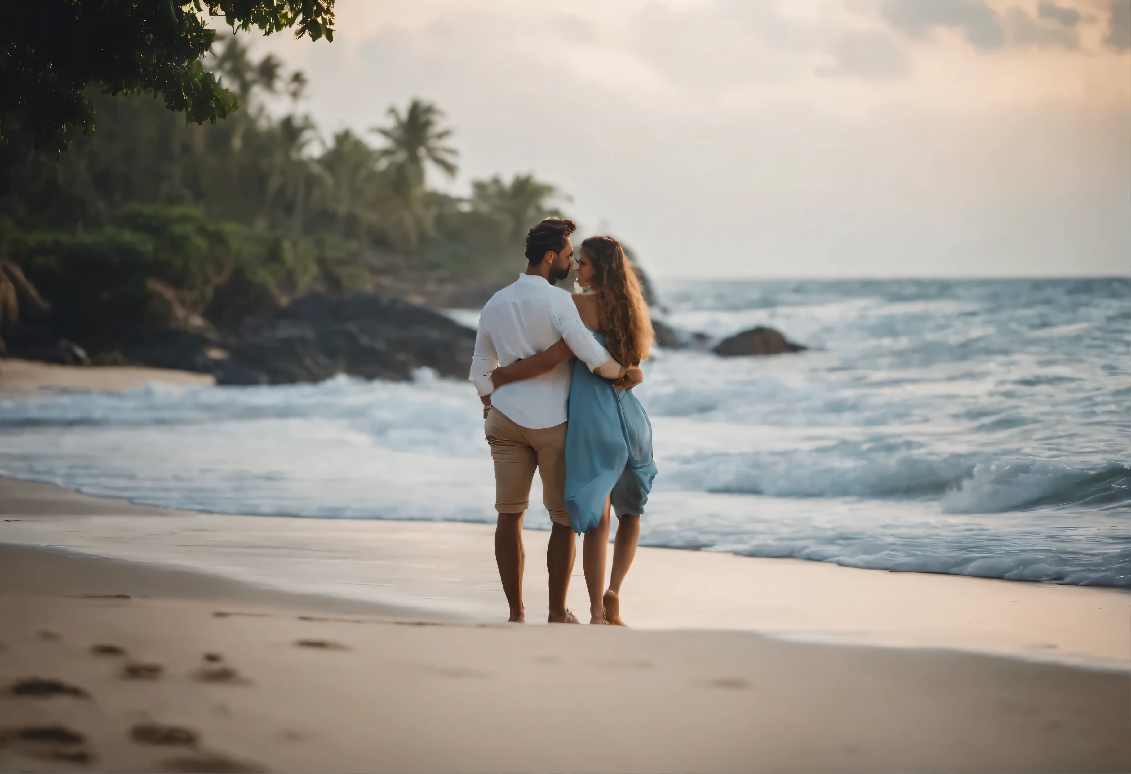 European couple with an open short dress, European girl with an open blouse, beautiful travel destiny in Sri Lankan blue beach, Professional high realistic photo of Sri Lankan travel destination with Western Couple holding each other, walking on the shore, long shot 8K Super realistic.