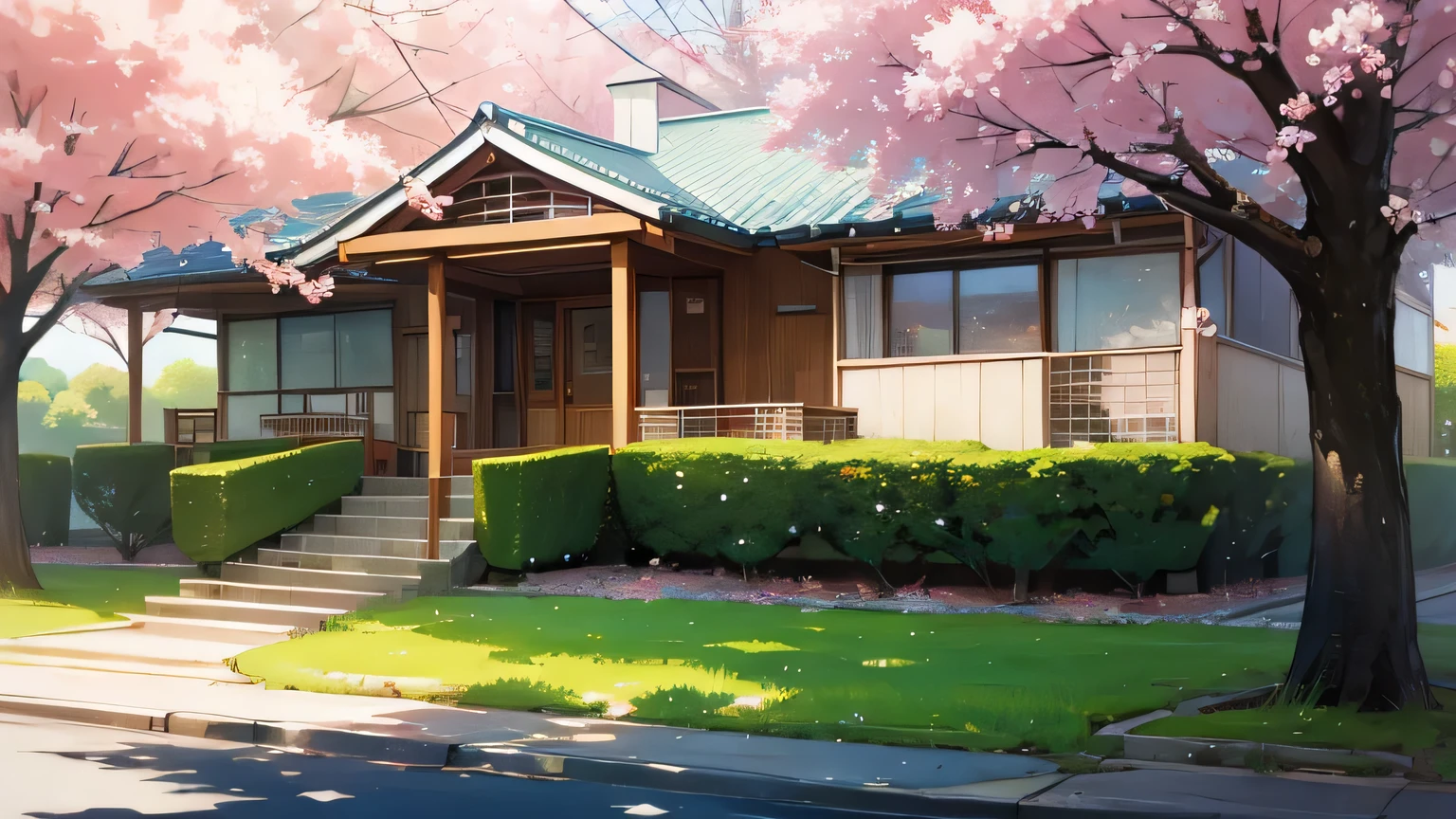 An anime landscape with blooming cherry trees and a mid-century style house, davor ein altes auto