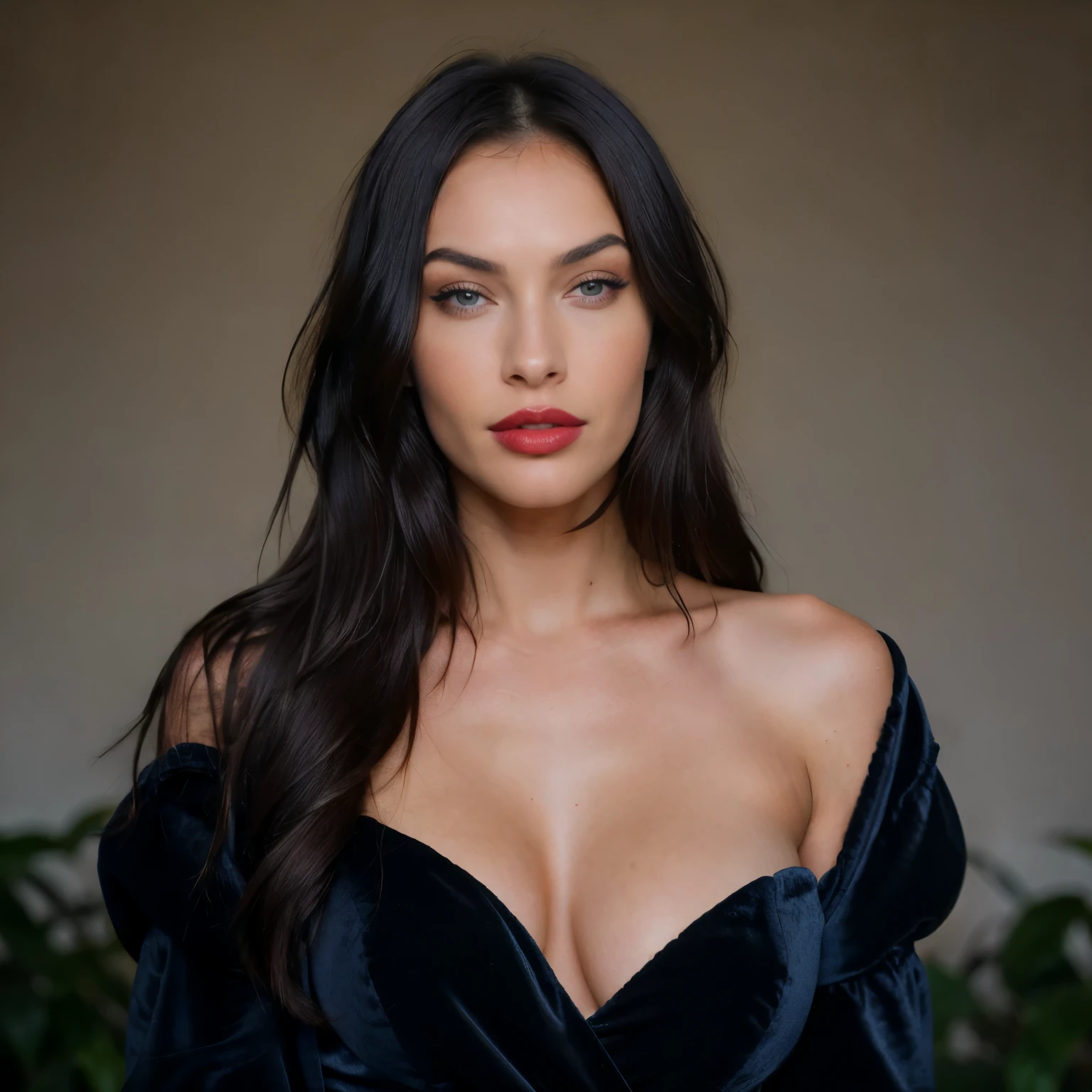 Photo of a European girl 23 years like Megan FOX, , juicy natural lips,red lipstick makeup, RED LIPS, high cheekbones, beautiful face, , with blue foxy eyes, realistically detailed iris, dark velvet balayage hairstyle, long hair , heavy makeup, tanned skin, s, black smokey eyeshadows, Nikon Z 85mm, award-winning glamor photography, ((best quality)), ((masterpiece)), ((realistic))photorealistic, realistic, post-processing, maximum detail, roughness, real life, ultra-realistic, photorealism, photography, 8k uhd, photography,SILHOUETTE,full image from head to legs front standing,Looking at camera with smile,instagram photo