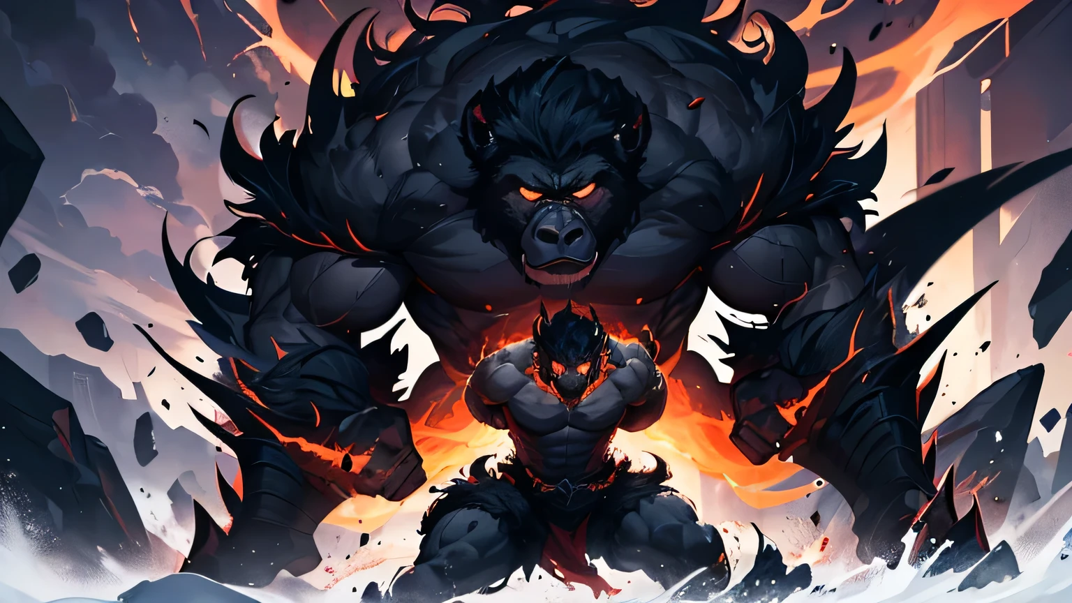 A colossal, gorila musculoso orgulhosamente no centro do quadro, its massive structure seemingly glowing with an inner glow. Its body is covered with a thick, dark fur that seems to glow and dance with every powerful movement it makes. Your eyes shine with fierce determination, fixed on something just beyond the observer's line of sight. Your chest is wide and powerful, stretching impossibly as it rises and falls with each labored breath. The most striking feature, NO ENTANTO, It's the bright red bar that seems to run down your spine, pulsing with energy and casting a crimson hue over your entire body. This aura of fire and strength emanates outwards, illuminating the surrounding darkness and leaving the viewer in no doubt about the primordial power surging through the gorilla's veins. His muscles ripple and flex as he tenses his form, Ready to take action at any time. The image conveys a raw feeling, indomitable strength and ferocity that is both awe-inspiring and terrifyingly primal., Arte conceitual do estilo League of Legends