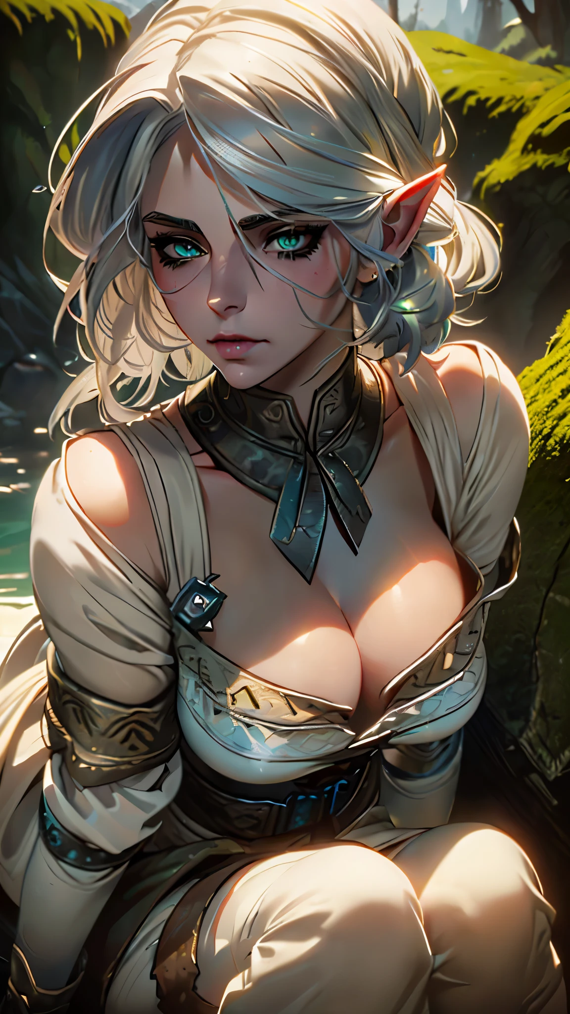 (best quality,photorealistic:1.37),beautiful detailed eyes,detailed lips,extremely detailed eyes and face,long eyelashes,elf-like model (resembling Ciri from The Witcher 3),silver hair,slender figure,elf ears with piercings,sitting on a moss-covered boulder,looking bored.