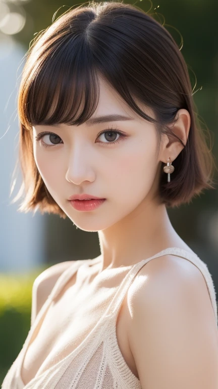 (((masterpiece))), highest quality, very detailed, whole body写真, detailed background, very beautiful girl, Japanese, 12, detailed face, bangs, (whole body:1.3), (random hairstyle :1.2), (young face), (perfect body:1.1), blouse, summer, In 8K, wallpaper, wonderful, finely, Super detailed, ultra high resolution, very detailed, pure erotic face, very detailed目と顔, beautiful and detailed eyes, very detailed肌, The beauty of slim abs, no makeup, (natural skin), Feminine adult loose short bob, beautiful small face, realistic face, Beautiful actress&#39;s natural makeup, Slit eyes that suck you in, Plumpy glossy red lips, flushed cheeks, earrings, double eyelid, beautiful thin eyebrows, sleeveless thin knit sweater, floral panties、along the coast、look forward、A face that feels with its mouth half open, 足元から見上げた見事なwhole bodyショット, look at the viewer with a fascinated expression、dynamic lighting
