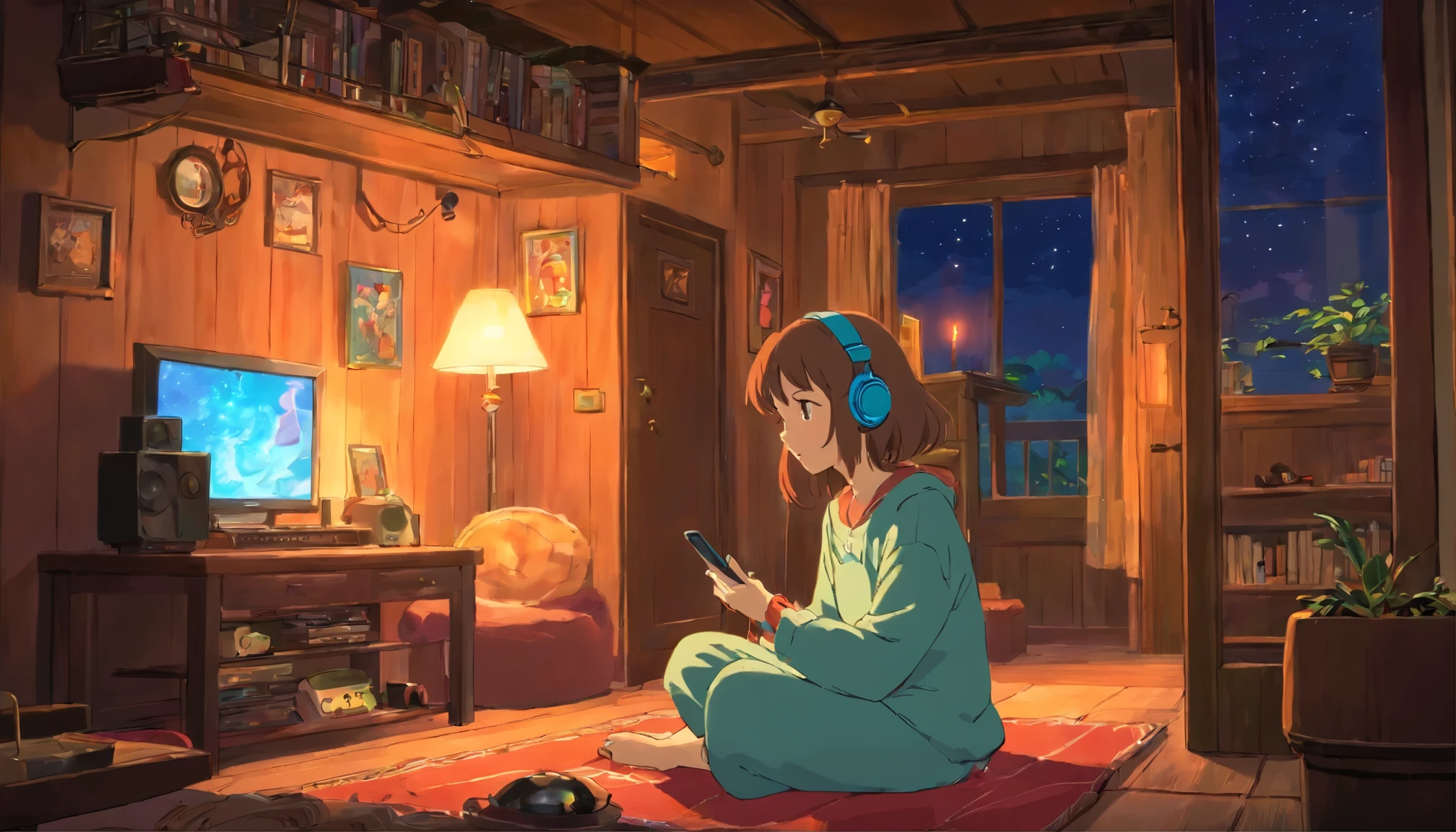 Girl listening to music in a cozy room at night, Usando fones de ouvido, Anime estilo 2D, lo-fi, High definition, Ambiente escuro