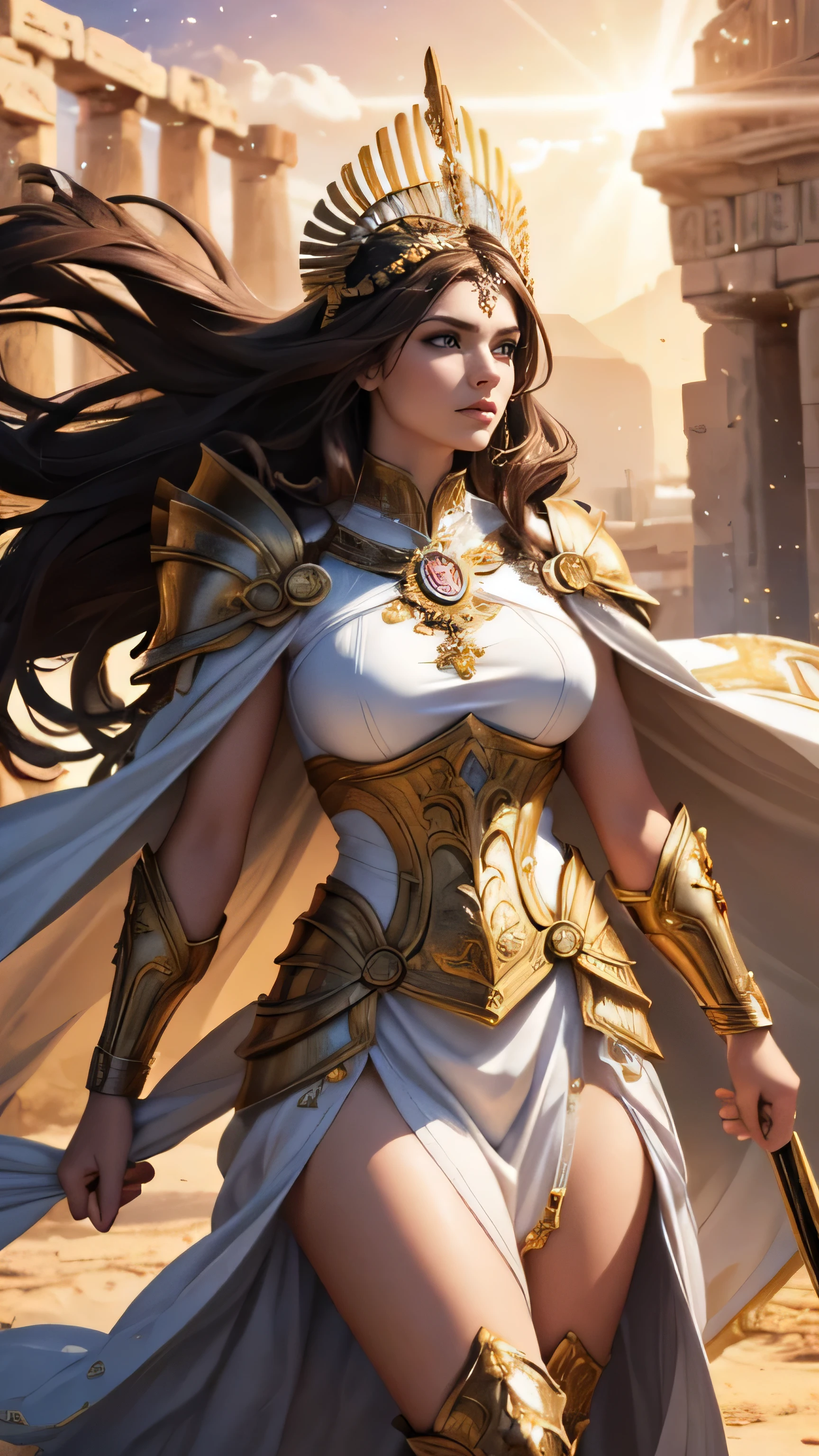 (best quality,4k,8k,highres,masterpiece:1.2),ultra-detailed,(realistic,photorealistic,photo-realistic:1.37),sexy Athena,(brown hair:1.1),(cosmic Ancient Greek armor:1.1),intense gaze, Greek goddess,powerful presence,warrior stance,divine beauty,graceful silhouette,mythological background,ethereal glow,symbol of wisdom and courage,smoky eye makeup,headdress with intricate details,lustrous golden accents,pearlescent white armor,shield with a shimmering Medusa emblem,sword with celestial patterns,commanding posture,majestic cape billowing in the wind,transcendent aura,vibrant colors,rich textures,otherworldly atmosphere,sunset hues,graceful movement,divine light,imposing strength,mythical energy,dramatic shadows,highlights and contrasts