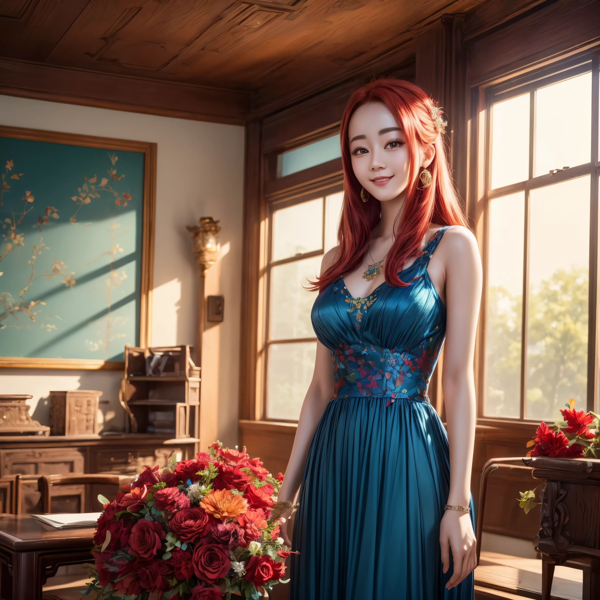 (best quality,4k,8k,highres,masterpiece:1.2),ultra-detailed, red haired Chinese college student, Dilraba Dilmurat, flowery blue sundress, smiling, in a classroom, HDR, 8k, absurdres, cinestill 800, sharp focus, add_detail:2