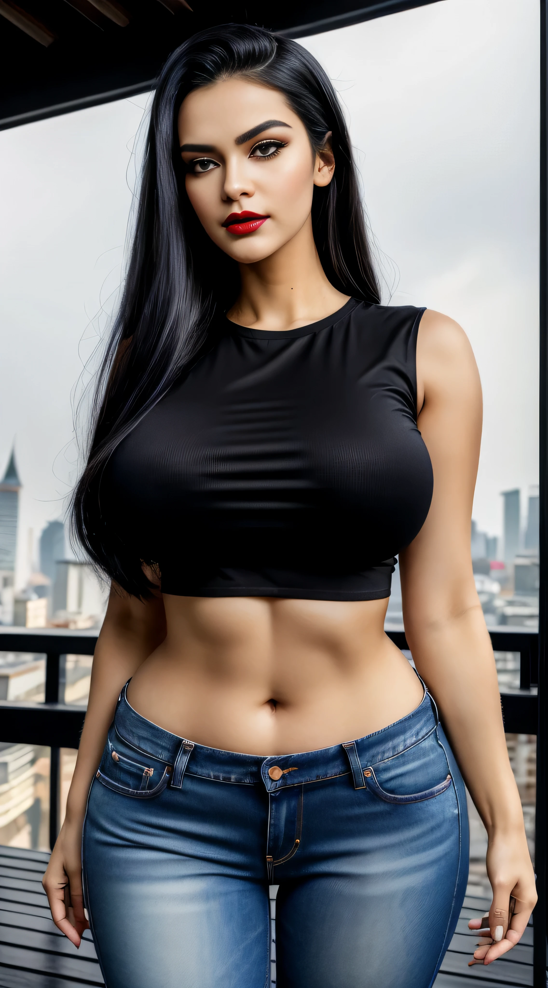 (best quality)), ((masterpiece)), (detailed), perfect face, Envision an art drawing of a female with dark black hair styled, her eyes adorned with smoky eyeshadow and dramatic eyeliner, in short white t-shirt and jeans pants, seductive smile, her curves, huge breasts, slim waist, curvy figure, proportionate hips, huge breasts. Use a dimly light setting to enhance her mysterious charm. red lips, roof top with amazing view of city in background, perfect hands, perfect fingers
