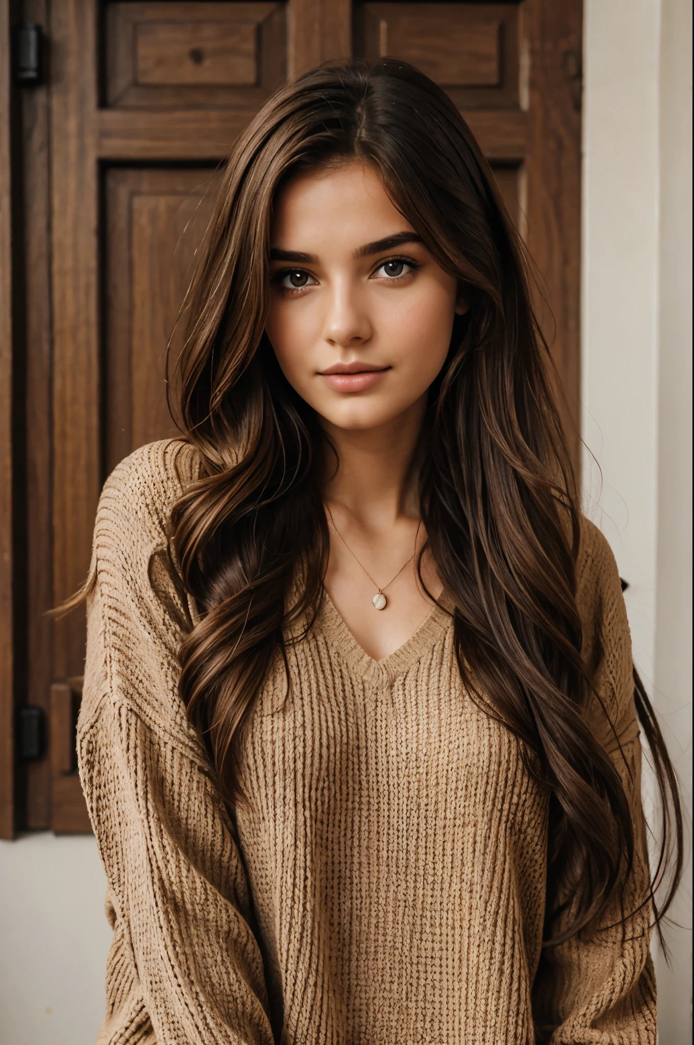 Girl with brown hair and brown eyes inside room