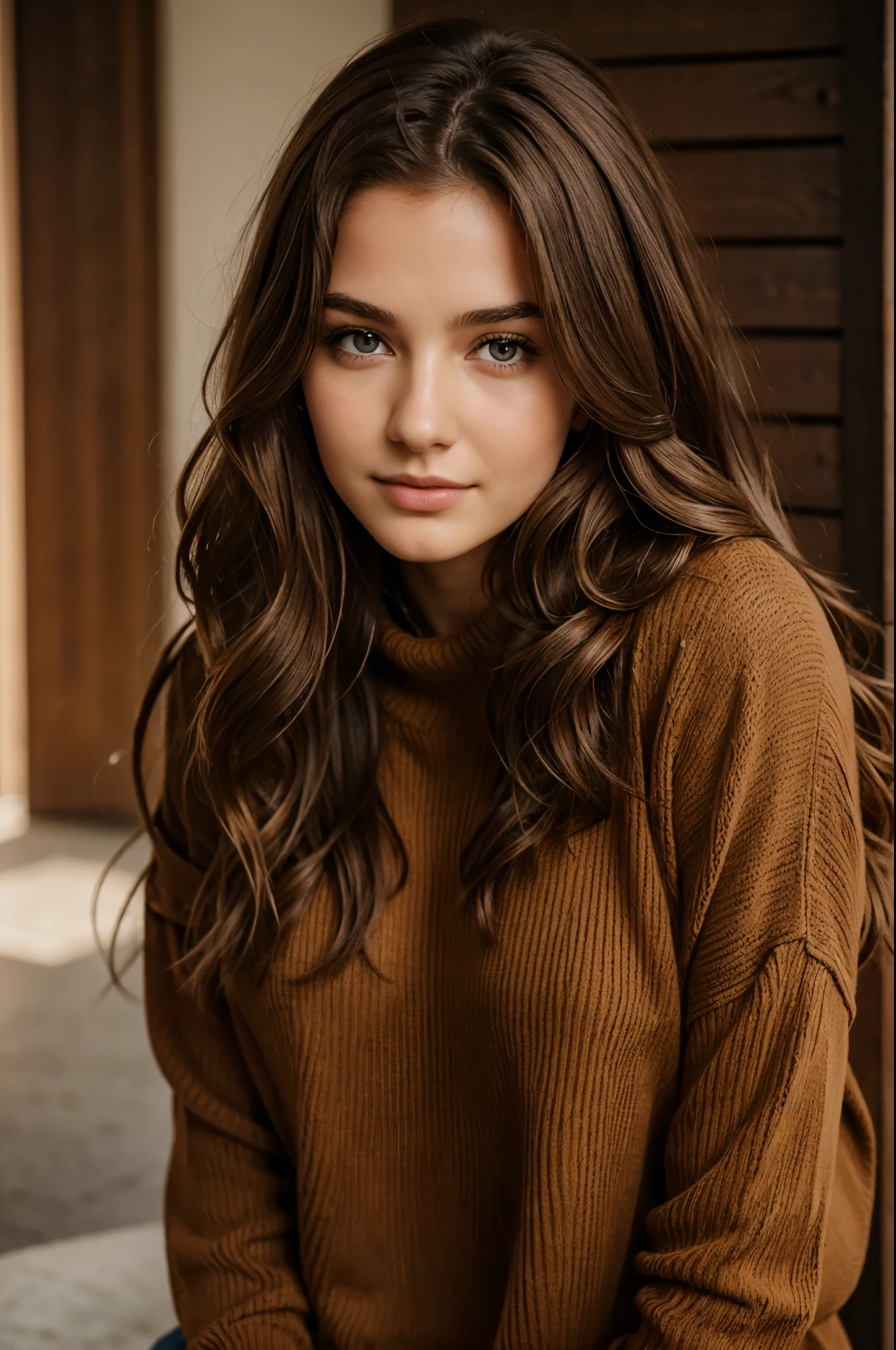 1Girl 18 years old, nur, Lange Haare, midsize , Blick auf den Betrachter, brown hair, wavy hair, wavy hair, nackte Schultern, braune Augen, Schmuck, full entire body, Halskette, schulterfrei, pullover, lips, realistisch, Nase, Flirten mit der Kamera