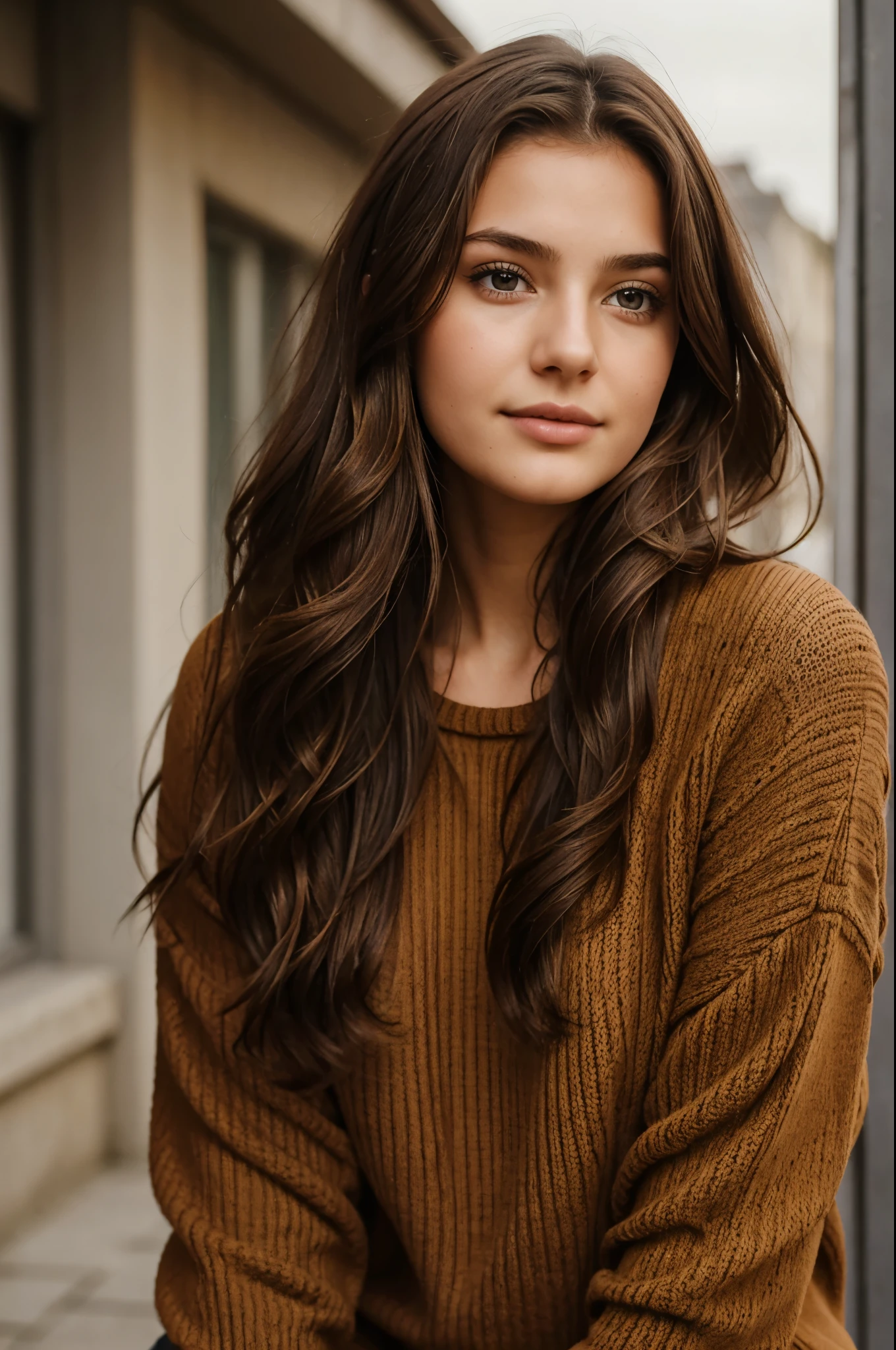 1Girl 18 years old, nur, Lange Haare, midsize , Blick auf den Betrachter, brown hair, wavy hair, wavy hair, nackte Schultern, braune Augen, Schmuck, full entire body, Halskette, schulterfrei, pullover, lips, realistisch, Nase, Flirten mit der Kamera