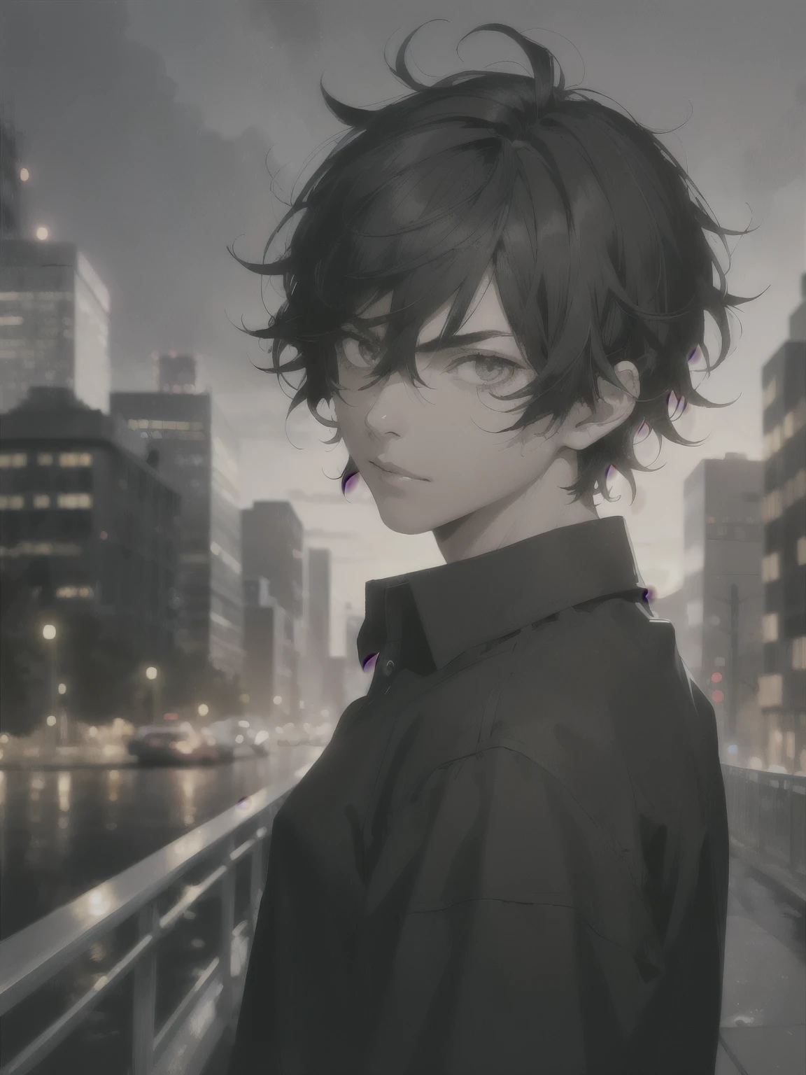 Man, ((black hair)), ((messy hair)), short hair, ((silver eyes)), seriously face, black shirt, night city in background, light brown skin