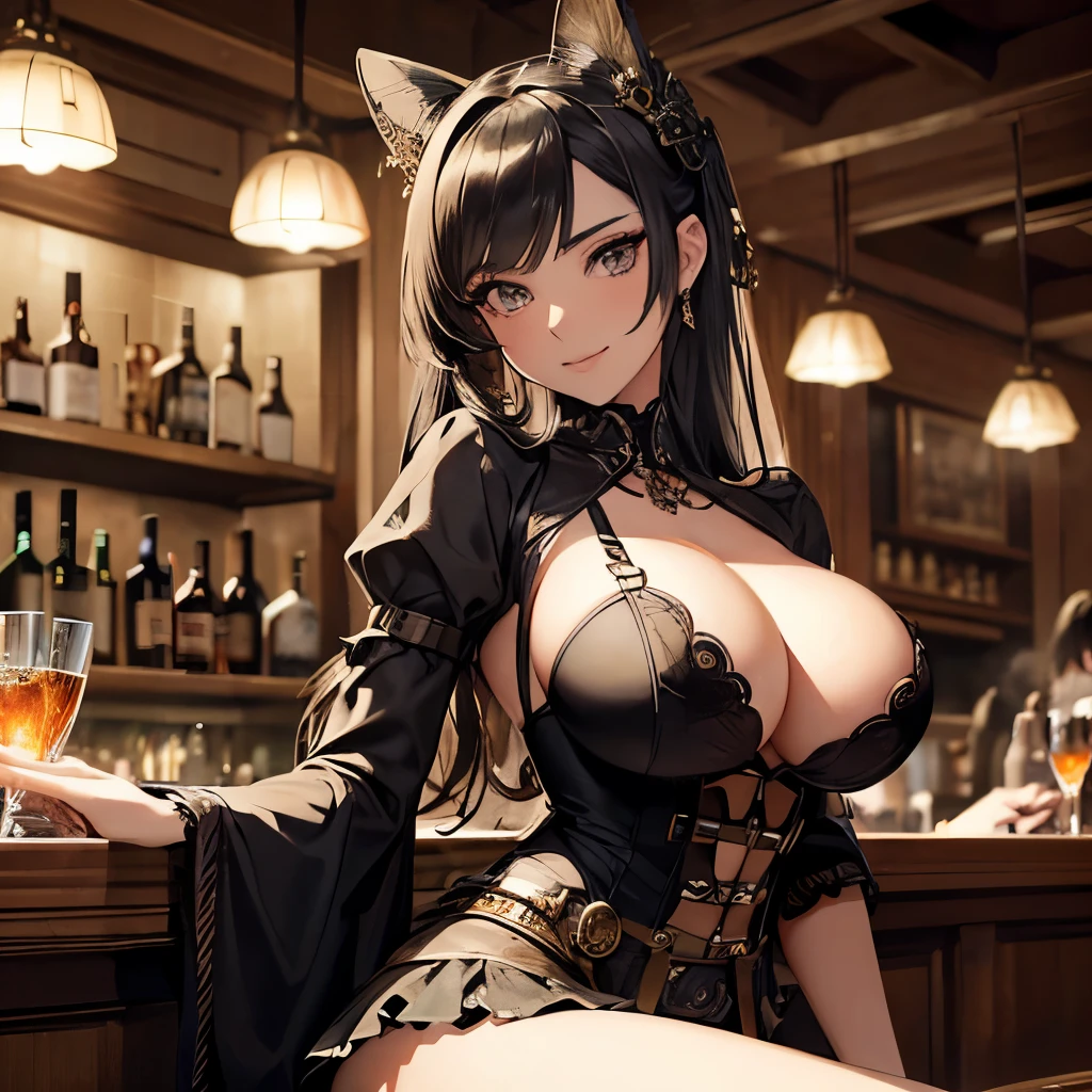 masterpiece. A full-body picture of a gorgeous model ((stunning face, smokey anime eyes, thin eyebrows, long eyelashes, flirty smile, winning smile, mid-twenties, DD-size breasts, anime hair)) with a playful smile, full body shot. steampunk style, Steampunk style bar in the background, tattered skirt ((Asian inspired)), Steampunk goggles around her neck, thick thighs, She is strong and sinewy with easy-going Playful eyes ((large almond-shaped smokey anime-style eyes)). she's turning her head to one side and tilting down slightly while biting her lower lip and large anime smokey eyes turned focused on the viewer, lounging at the bar, Strong, rough, and sinewy. Intricate, symmetrical face, detailed face features, soft skin, plaster modeling, delicate detail, intricate details, painstaking attention to detail, Split Lighting, dof, gorgeous, irresistible, perfect, polished, radiant, detailed face. 8k, sharp focus