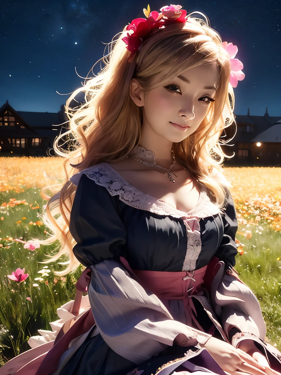 masterpiece, highest quality,, 1 girl, (colorful),(Finely drawn beautiful eyes and detailed face),cinematic lighting,bust shot,Highly detailed CG Unity 8k wallpaper,gray hair,alone,smile,intricate skirt,((flying petals)),(flowering meadow), null, cloudy_null, building, moonlight, moon, night, (dark theme:1.3), light, fantasy,