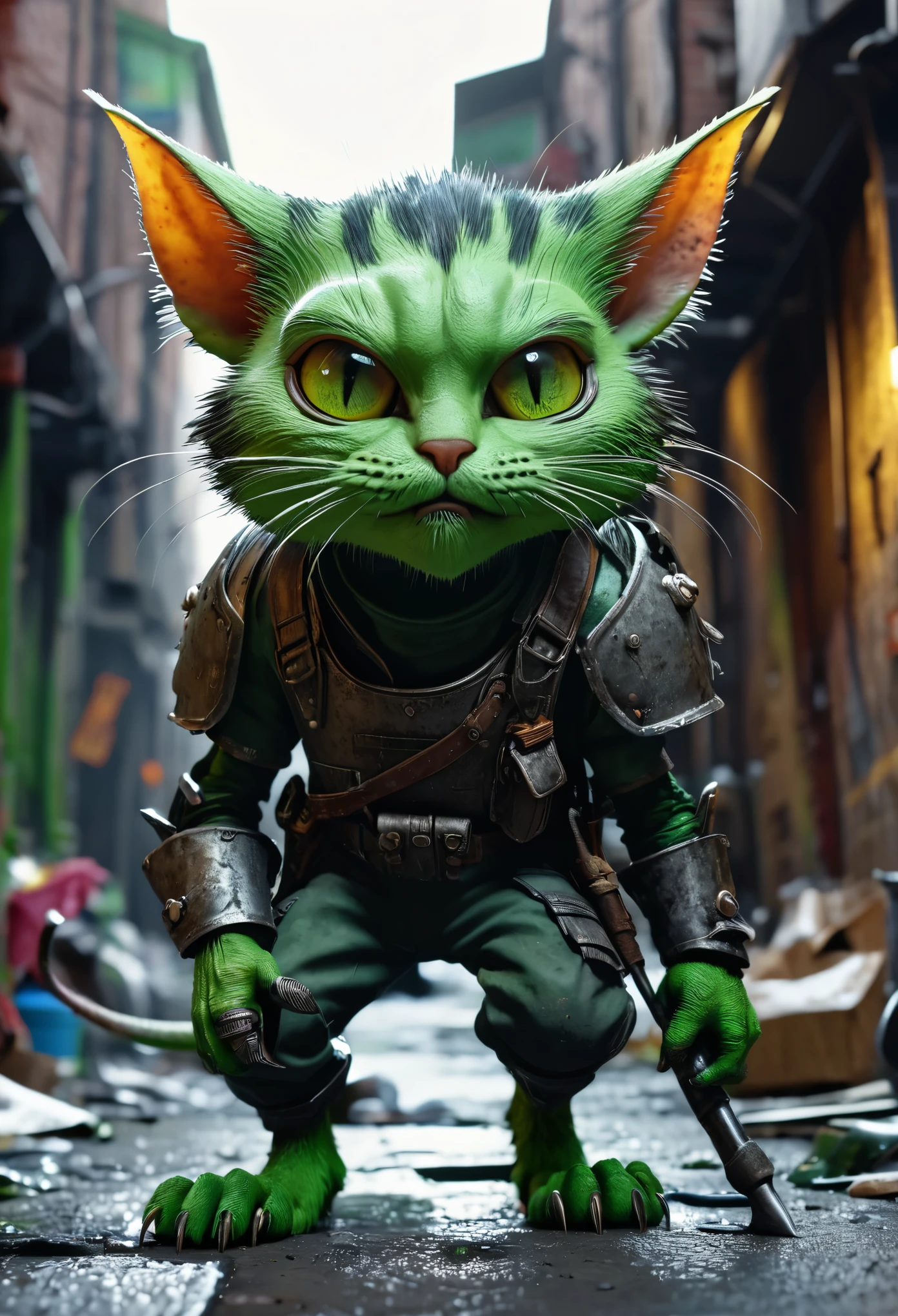 A tough alley cat is hunting mouse sized goblins(,Green skin, garbage armor, scrap metal weapons, not brave, very big heads),seedy, dimly lit alleyways,(best quality,4k,8k,highres,masterpiece:1.2),ultra-detailed,realistic:1.37,portraits,vivid colors,green color tone,moody lighting