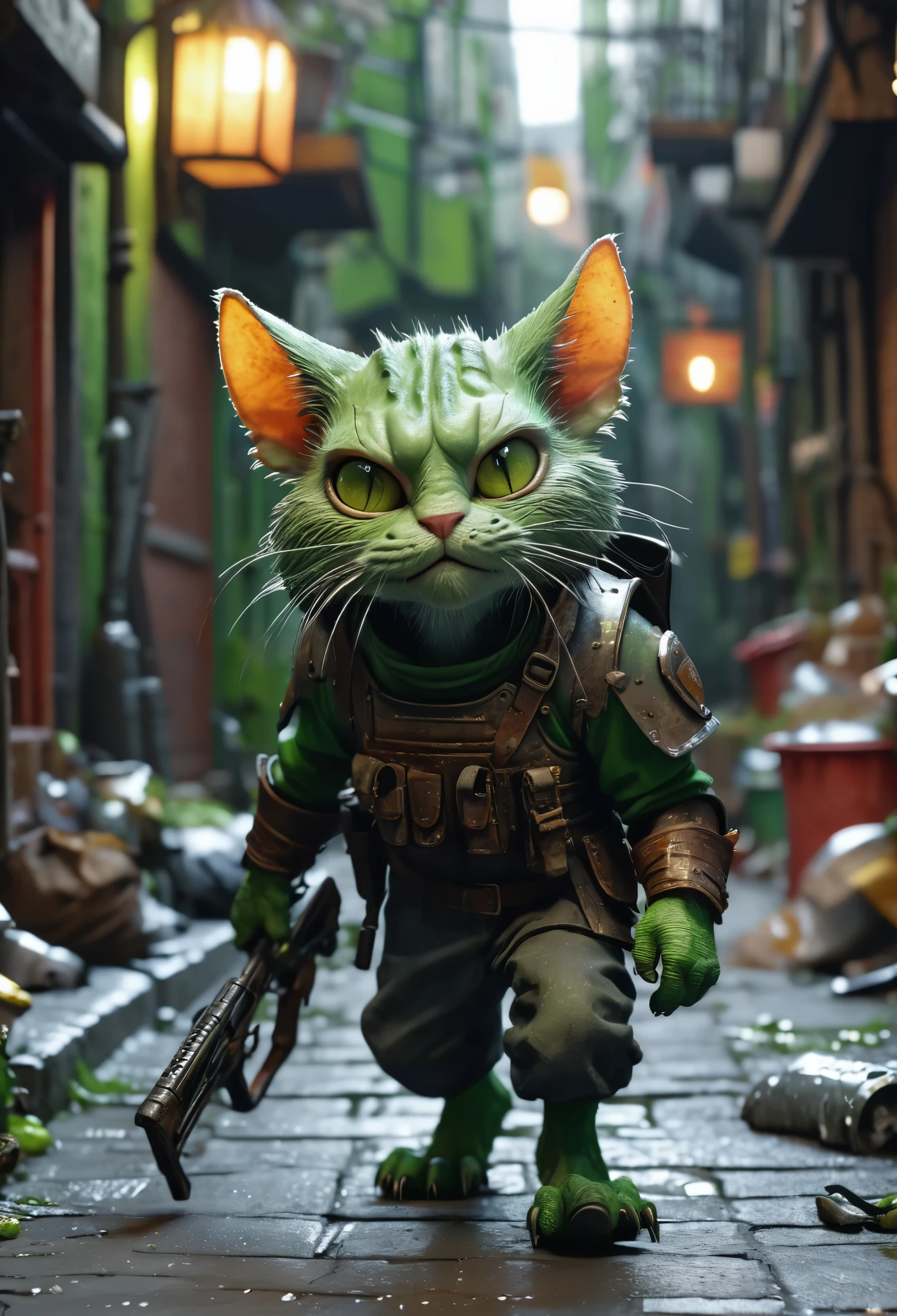 A tough alley cat is hunting mouse sized goblins(,Green skin, garbage armor, scrap metal weapons, not brave, very big heads),seedy, dimly lit alleyways,(best quality,4k,8k,highres,masterpiece:1.2),ultra-detailed,realistic:1.37,portraits,vivid colors,green color tone,moody lighting