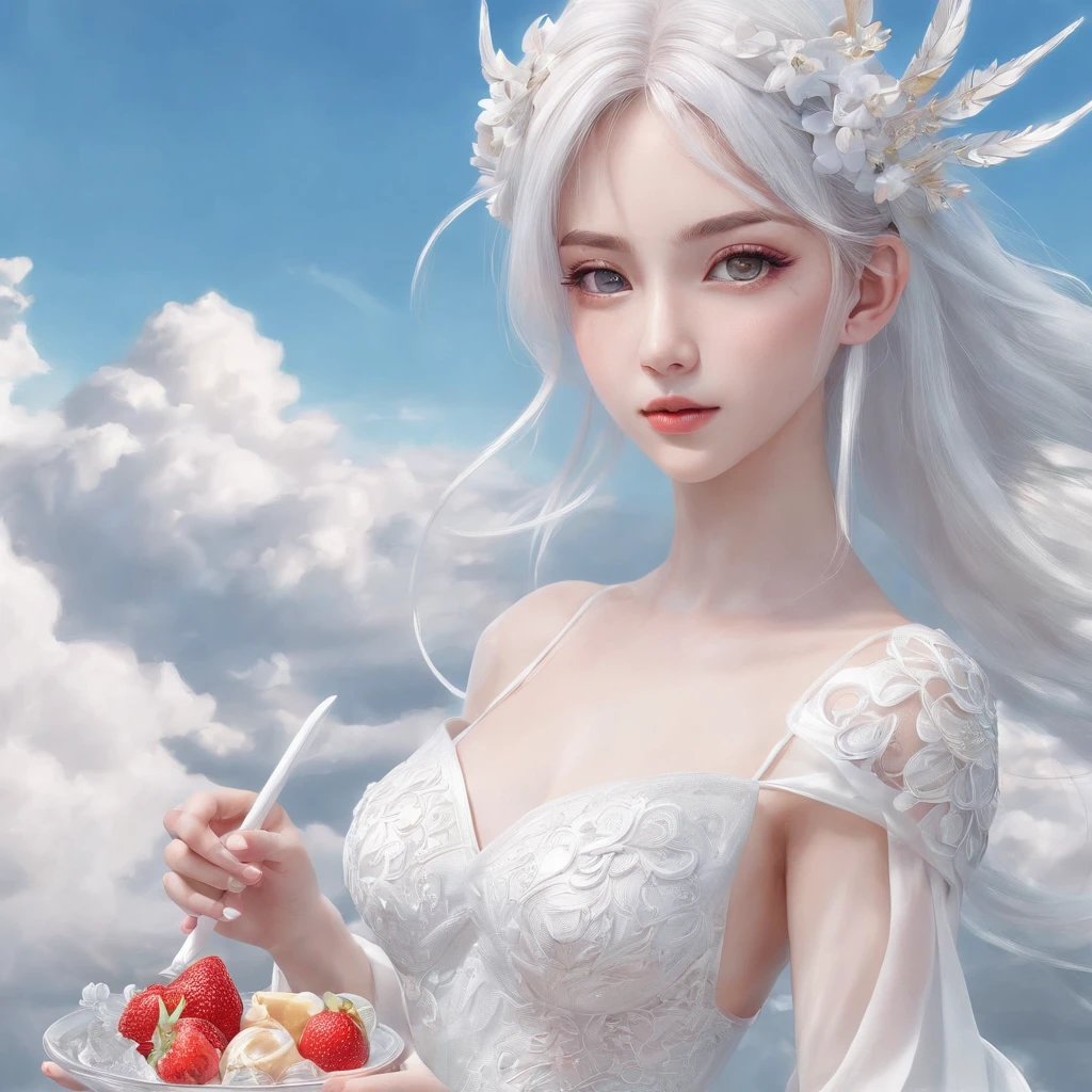 One in a white dress、woman drawing with photo frame, exquisite facial features,cloud goddess, Guviz style artwork, girl clouds, Japanese anime fantasy illustrations, fantasy art style, inspired by Yanjun Cheng, A beautiful artistic illustration, A masterpiece by Guwitz, clouds. like a dream, fantasy punk romantic artwork, fantasy puffy sky, beautiful fantasy art portrait, Anime fantasy artwork