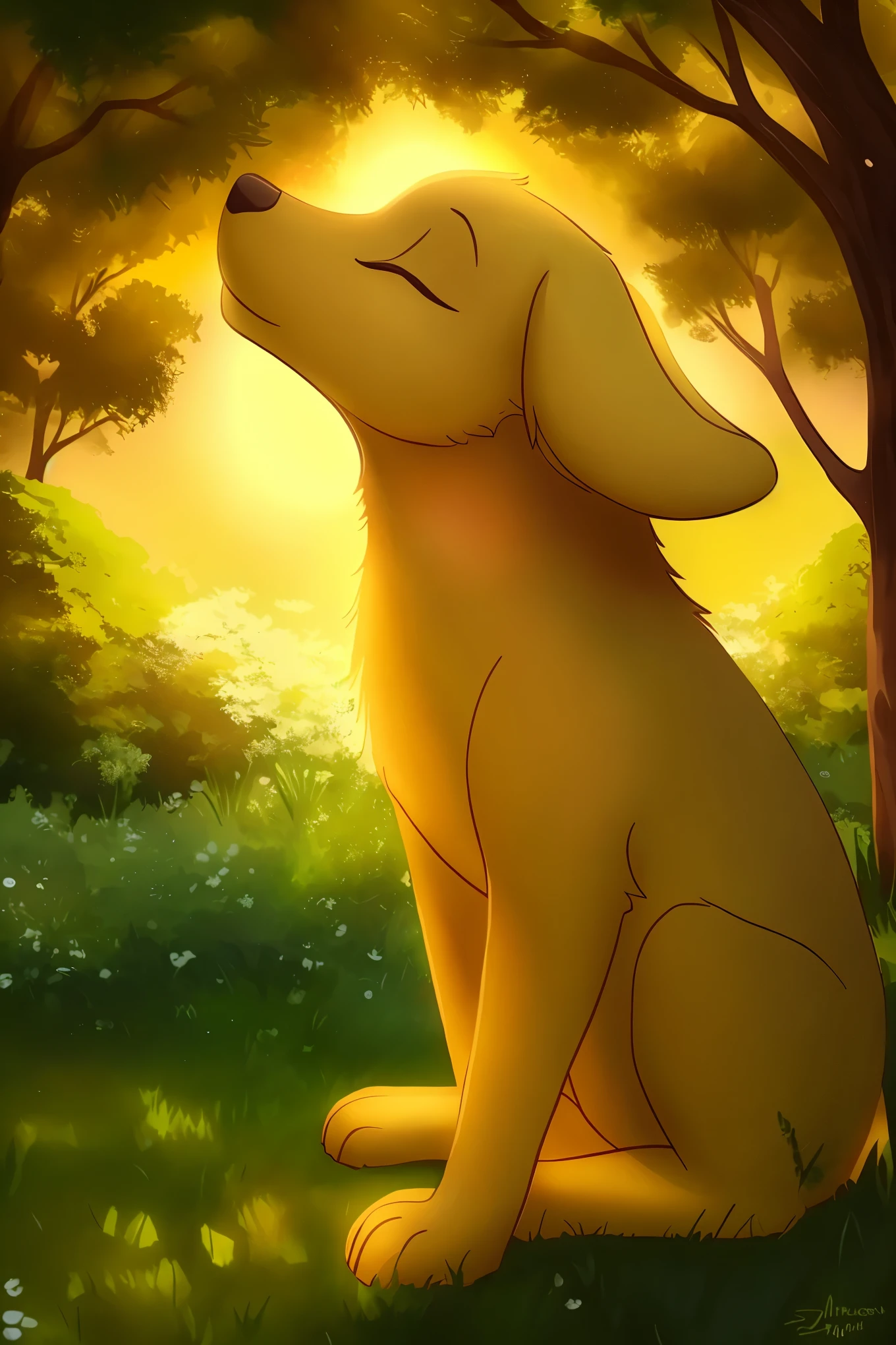 In a serene garden sanctuary, a canine pup lies nestled in the golden sunbeams, serenely closing its eyes and basking in the warming embrace. The gentle zephyr Playfully whispers through its fur, causing it to stretch languidly, embodying the epitome of tranquility and satisfaction. Each inhale and exhale releases a contented sigh, expressing its blissful state of being. The sun casts intricate shadows across its sleek form, subtly highlighting every curve and contour, painting a captivating portrait of restful repose.