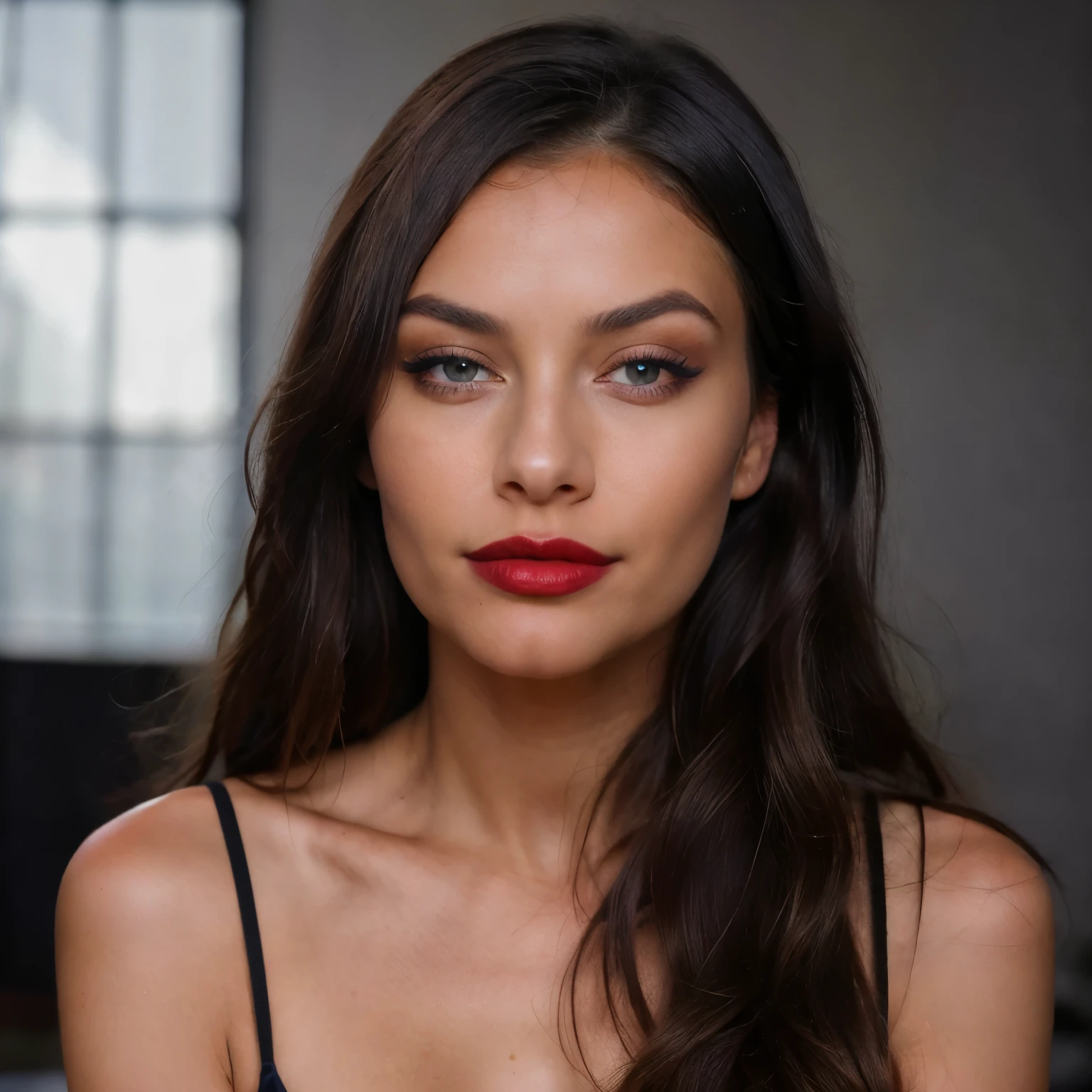 Photo of a European girl 23 years old , juicy natural lips,red lipstick makeup, RED LIPS, high cheekbones, beautiful face, , with blue foxy eyes, realistically detailed iris, dark velvet balayage hairstyle, long hair , heavy makeup, tanned skin, s, black smokey eyeshadows, Nikon Z 85mm, award-winning glamor photography, ((best quality)), ((masterpiece)), ((realistic))photorealistic, realistic, post-processing, maximum detail, roughness, real life, ultra-realistic, photorealism, photography, 8k uhd, photography,SILHOUETTE,full image from head to legs front standing,Looking at camera with smile,instagram photo, dressed in red dress