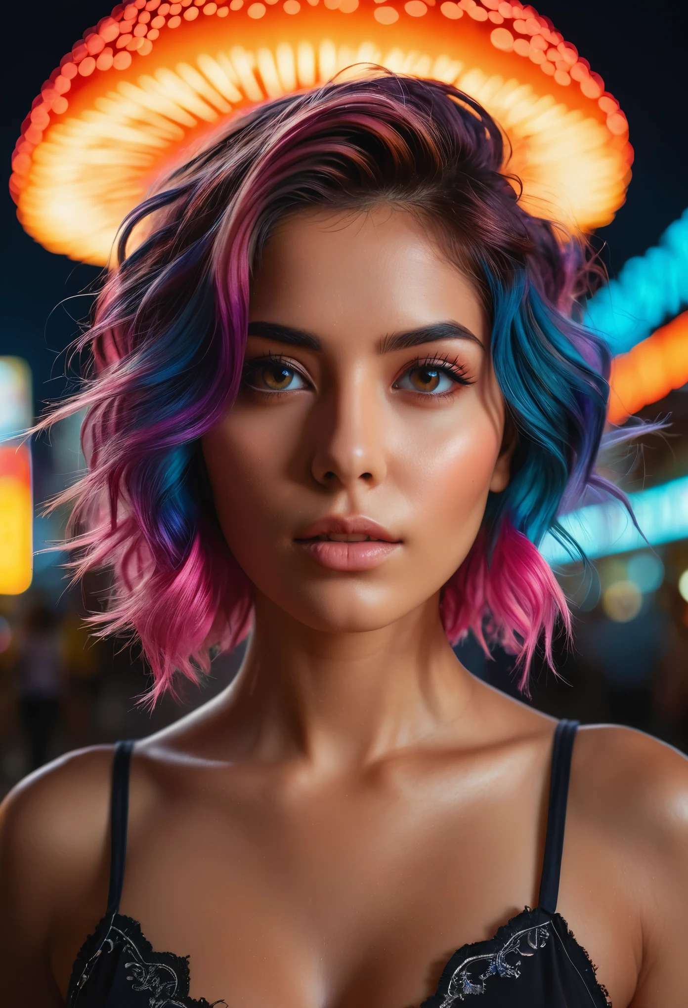 1 girl, multicoloured hair, night, neon sign backlight, looking at the viewer, side lighting, complex hairstyle, midnight ,((explosion,mushroom cloud in background)), sarahshahi,  (masterpiece, best quality, ultra-detailed, best shadow), high contrast, (best illumination), ((cinematic light)), colorful, hyper detail, dramatic light, intricate details, (1 girl, solo) , ultra detailed artistic photography, dreamy, backlit, shadows, ultra high definition, 8k, ultra sharp focus, ultra high quality model, soft lighting, film photography, analogue photography, hyperrealism,, ((sharp face, detailed face, realistic face, naturtal skin, realistic skin, detailed skin, pores, sharp eyes, detailed eyes,realistic eyes)),