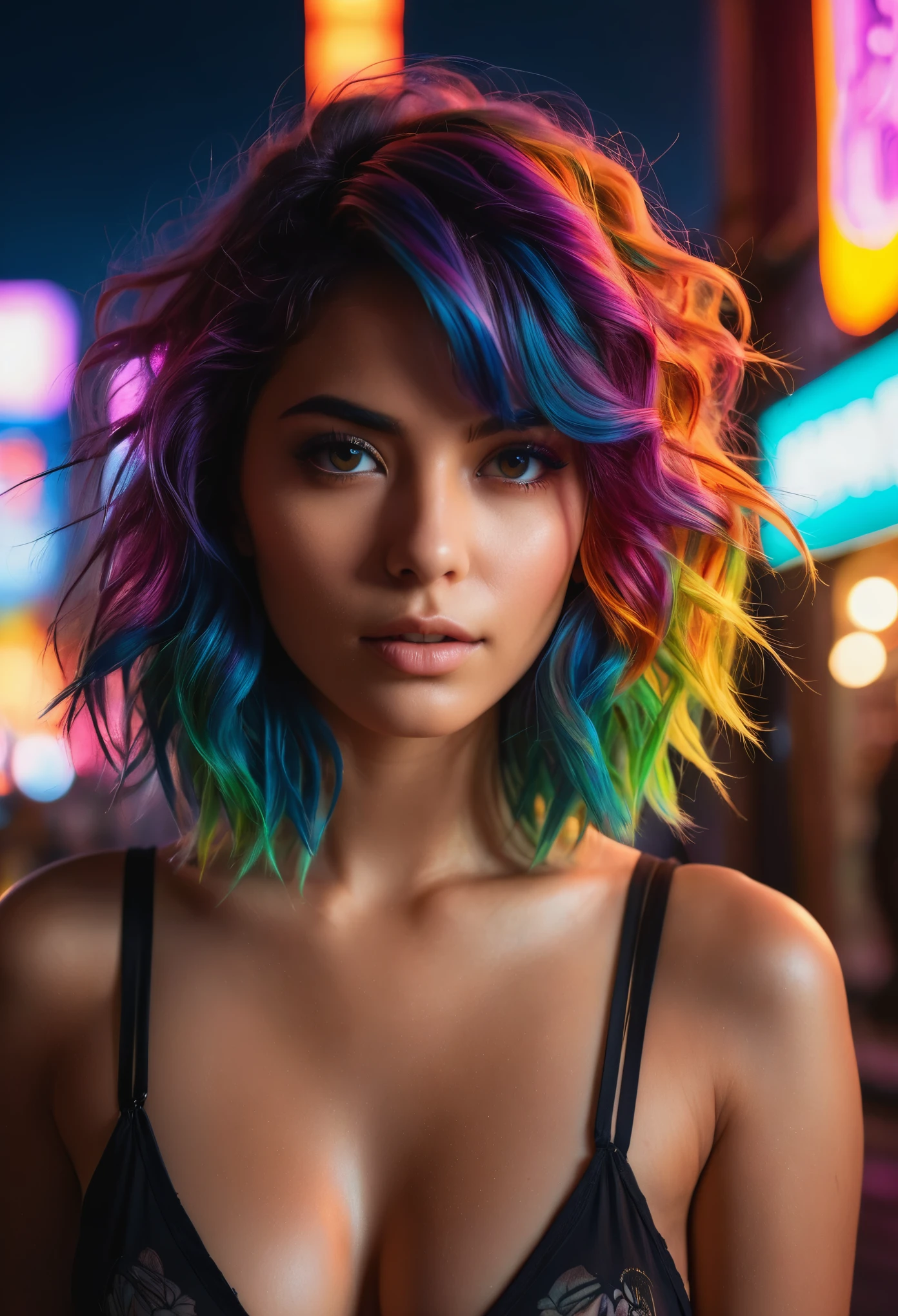 1 girl, multicoloured hair, night, neon sign backlight, looking at the viewer, side lighting, complex hairstyle, midnight ,((explosion,mushroom cloud in background)), sarahshahi,  (masterpiece, best quality, ultra-detailed, best shadow), high contrast, (best illumination), ((cinematic light)), colorful, hyper detail, dramatic light, intricate details, (1 girl, solo) , ultra detailed artistic photography, dreamy, backlit, shadows, ultra high definition, 8k, ultra sharp focus, ultra high quality model, soft lighting, film photography, analogue photography, hyperrealism,, ((sharp face, detailed face, realistic face, naturtal skin, realistic skin, detailed skin, pores, sharp eyes, detailed eyes,realistic eyes)),