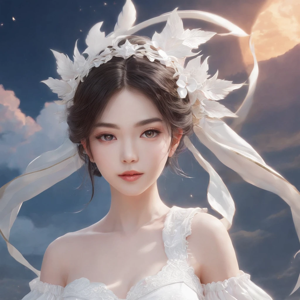 One in a white dress、woman drawing with photo frame, exquisite facial features，cloud goddess, Guviz style artwork, girl clouds, Japanese anime fantasy illustrations, fantasy art style, inspired by Yanjun Cheng, A beautiful artistic illustration, A masterpiece by Guwitz, ​​clouds. like a dream, fantasy punk romantic artwork, fantasy puffy sky, beautiful fantasy art portrait, Anime fantasy artwork