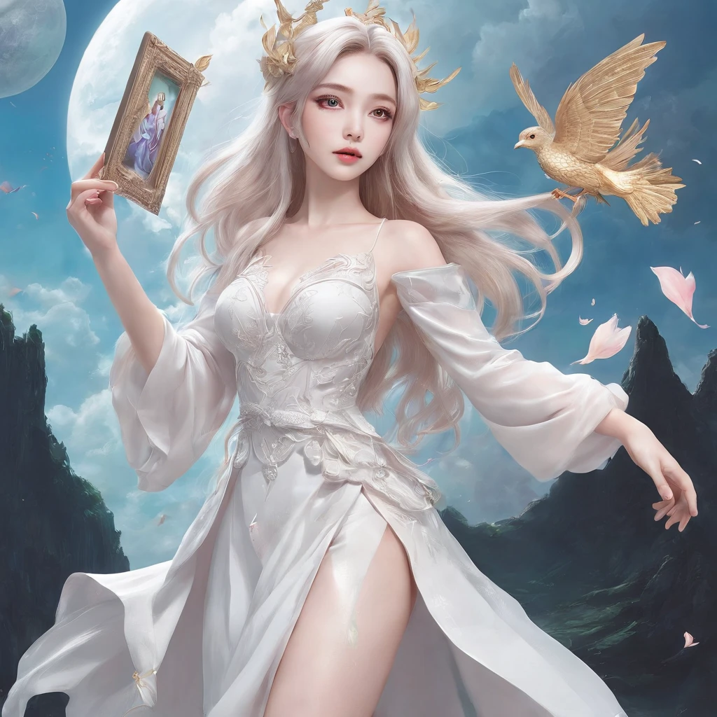 One in a white dress、woman drawing with photo frame, exquisite facial features，cloud goddess, Guviz style artwork, girl clouds, Japanese anime fantasy illustrations, fantasy art style, inspired by Yanjun Cheng, A beautiful artistic illustration, A masterpiece by Guwitz, ​​clouds. like a dream, fantasy punk romantic artwork, fantasy puffy sky, beautiful fantasy art portrait, Anime fantasy artwork