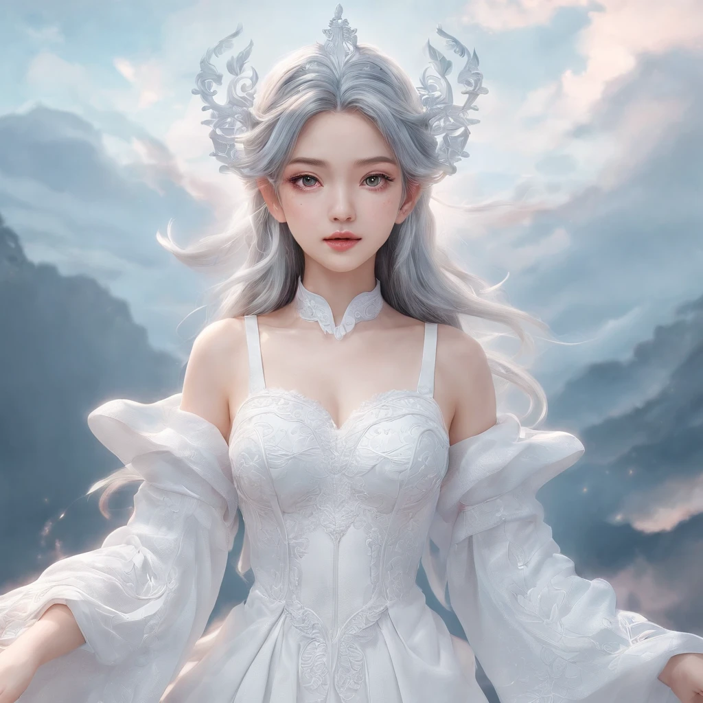 One in a white dress、woman drawing with photo frame, exquisite facial features，cloud goddess, Guviz style artwork, girl clouds, Japanese anime fantasy illustrations, fantasy art style, inspired by Yanjun Cheng, A beautiful artistic illustration, A masterpiece by Guwitz, ​​clouds. like a dream, fantasy punk romantic artwork, fantasy puffy sky, beautiful fantasy art portrait, Anime fantasy artwork