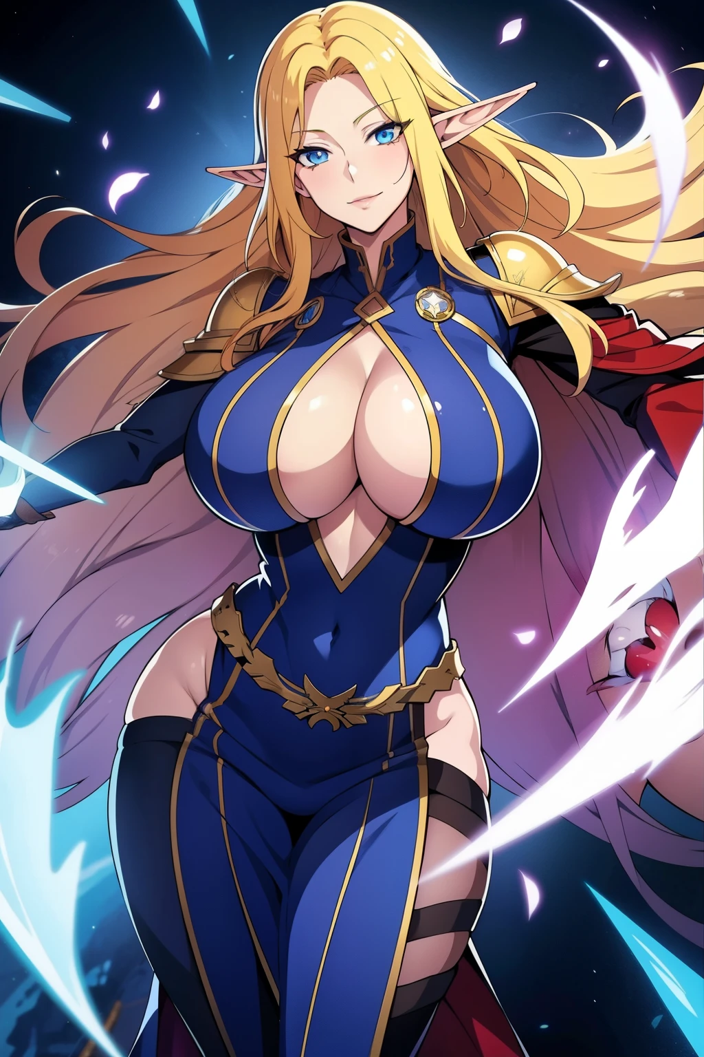 An anime-style artwork depicting Misery Stentrem from the game Youkoso Sukebe Elf no Mori E.

Tagisery Stentrem, anime, detailed eyes, detailed lips, blonde hair,  smiling expression, intense gaze, glowing emblem on hand, dynamic pose, mystical background, vibrant colors, digital art, high-resolution, professional quality, gigantic breasts, cleavage, huge tits, fullbody.