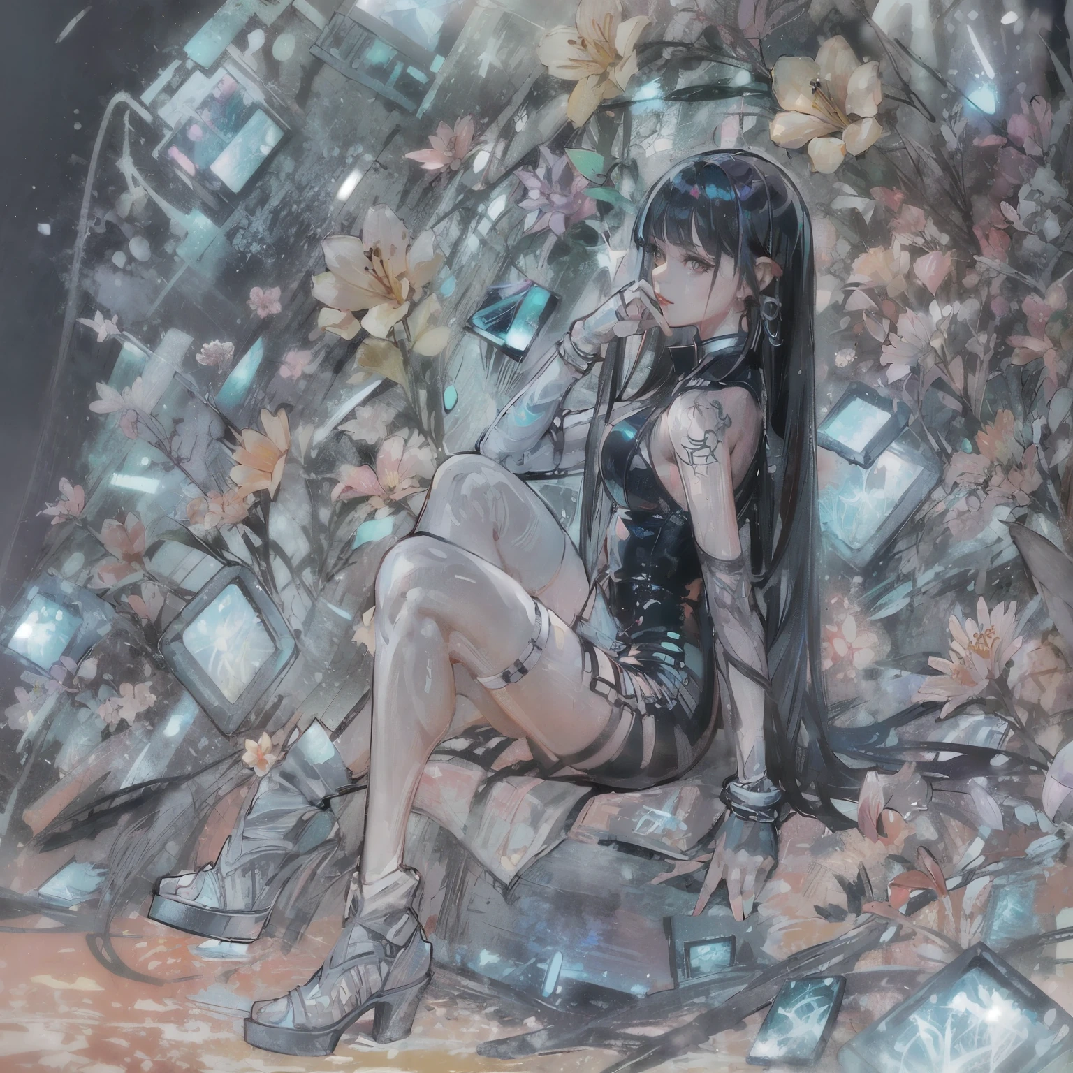 ((Create MaxZenArt!))_((Alone, 1 girl, tattoos, glowing tattoos, shiny eyes, white- fluffy), (sci-fi), (full body lesbian), Sexy topless), (black transparent clothes- dress), (boots-bangs, heels, footwear), (sexy, erotic))_((Soft scarlet lips), (straight black hair - long, highlights, blue, cascading), (multi-colored shining hair), ( cool glitter, wet straight hair))_((Simple color palettes), (pastel colors, kawaii, cute colors, clean), (metaphysics-cyberpunk))_((Sexy, erotic), (simple, minimal accessories), ( necklaces and thin rings in silver or gold), (simple bracelets, distinctive designs, simple silhouettes), (simple and erotic style))_((Background),(abstract-minimalism), (fresh, color wash, broad stroke) , (stunning cybernetic flowers), (lilies, extremely unusual, long stems - large stems))