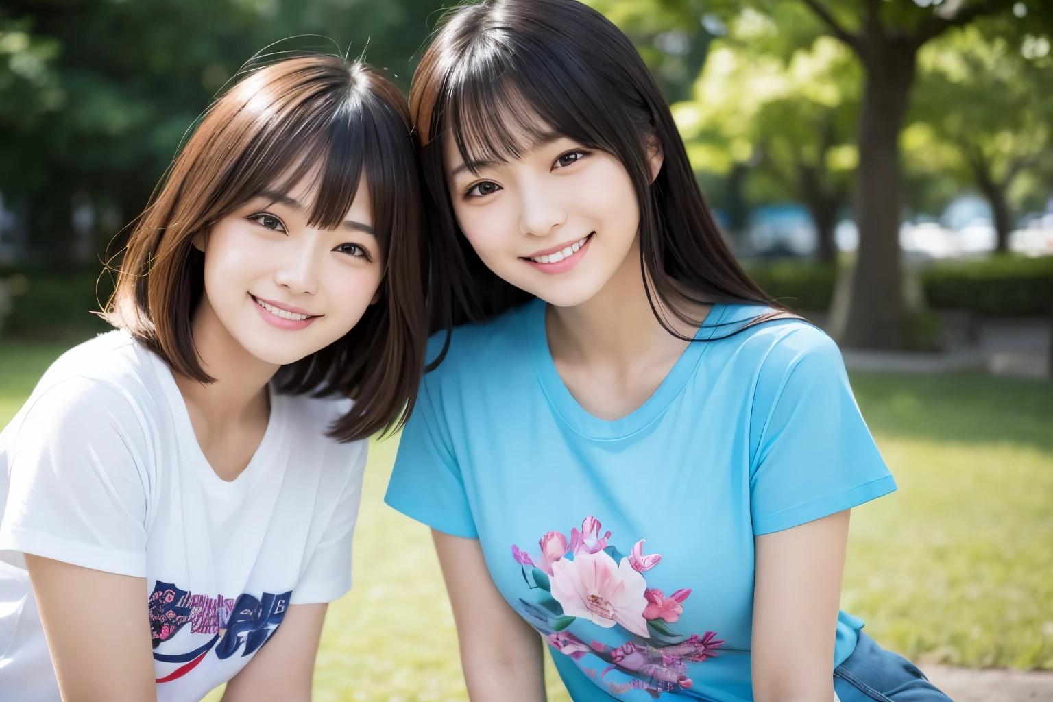 two 女性 are smiling and posing for a picture, Japanese facial features, asian women, beautiful japanese woman face, exclusive, beautiful face, Two Japanese women posing, gorgeous face, late 20s, T-shirt, casual clothes, The background is a park,