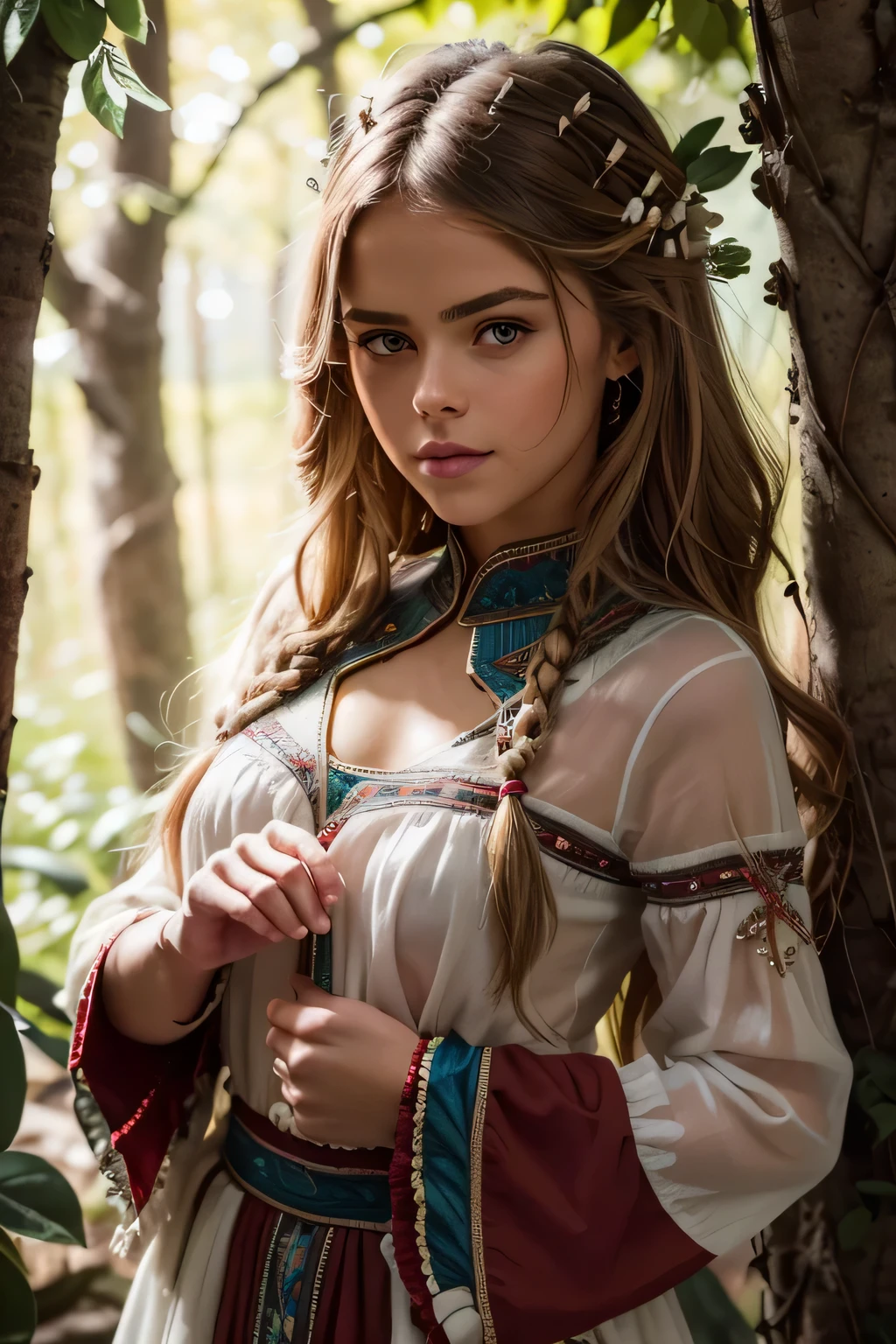 (cinematographic photography of a beautiful, detalhada mulher de 18 anos com ((facial and body features similar to those of Kristina Pimenova))), (), ((Chique tribal inspirado na natureza: Tema: Embracing the connection with nature. Roupas: Tons Terrosos, roupas com franjas, and beaded accessories. cena: Forest or flat scenery with natural elements. props: Apanhador de Sonhos, brincos de penas, ou uma cesta de tecido.)), (), (), finamente detalhado, ultra-realistic features of her pale skin and (Slim and athletic body), e (symmetrical, rosto bonito e realista), foi encontrado, (), (), (()), (), fotografia de estoque de filme, Cores ricas, hiper-realista, textura realista, dramatic lighting, forte contraste