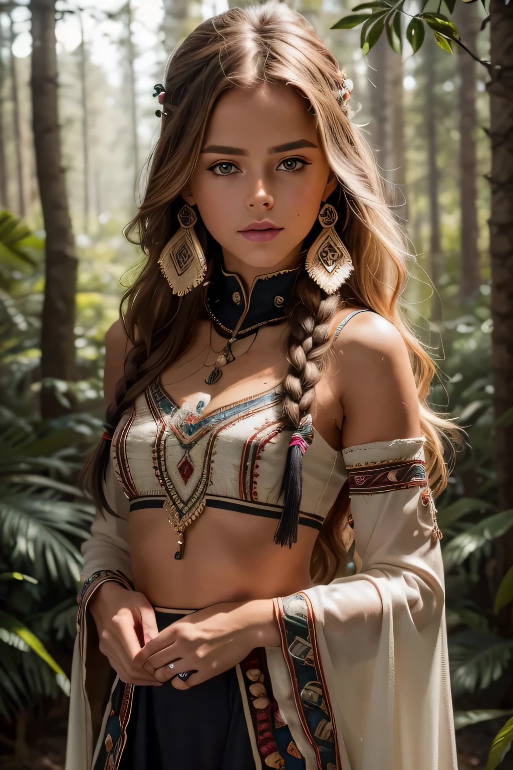 (cinematographic photography of a beautiful, detalhada mulher de 18 anos com ((facial and body features similar to those of Kristina Pimenova))), (), ((Chique tribal inspirado na natureza: Tema: Embracing the connection with nature. Roupas: Tons Terrosos, roupas com franjas, and beaded accessories. cena: Forest or flat scenery with natural elements. props: Apanhador de Sonhos, brincos de penas, ou uma cesta de tecido.)), (), (), finamente detalhado, ultra-realistic features of her pale skin and (Slim and athletic body), e (symmetrical, rosto bonito e realista), foi encontrado, (), (), (()), (), fotografia de estoque de filme, Cores ricas, hiper-realista, textura realista, dramatic lighting, forte contraste