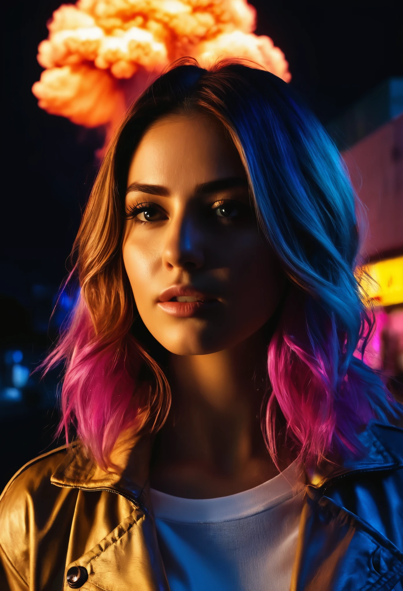 1 girl, multicoloured hair, night, neon sign backlight, looking at the viewer, side lighting, complex hairstyle, midnight ,((explosion,mushroom cloud in background)), sarahshahi,  (masterpiece, best quality, ultra-detailed, best shadow), high contrast, (best illumination), ((cinematic light)), colorful, hyper detail, dramatic light, intricate details, (1 girl, solo) , ultra detailed artistic photography, dreamy, backlit, shadows, ultra high definition, 8k, ultra sharp focus, ultra high quality model, soft lighting, film photography, analogue photography, hyperrealism,, ((sharp face, detailed face, realistic face, naturtal skin, realistic skin, detailed skin, pores, sharp eyes, detailed eyes,realistic eyes)),