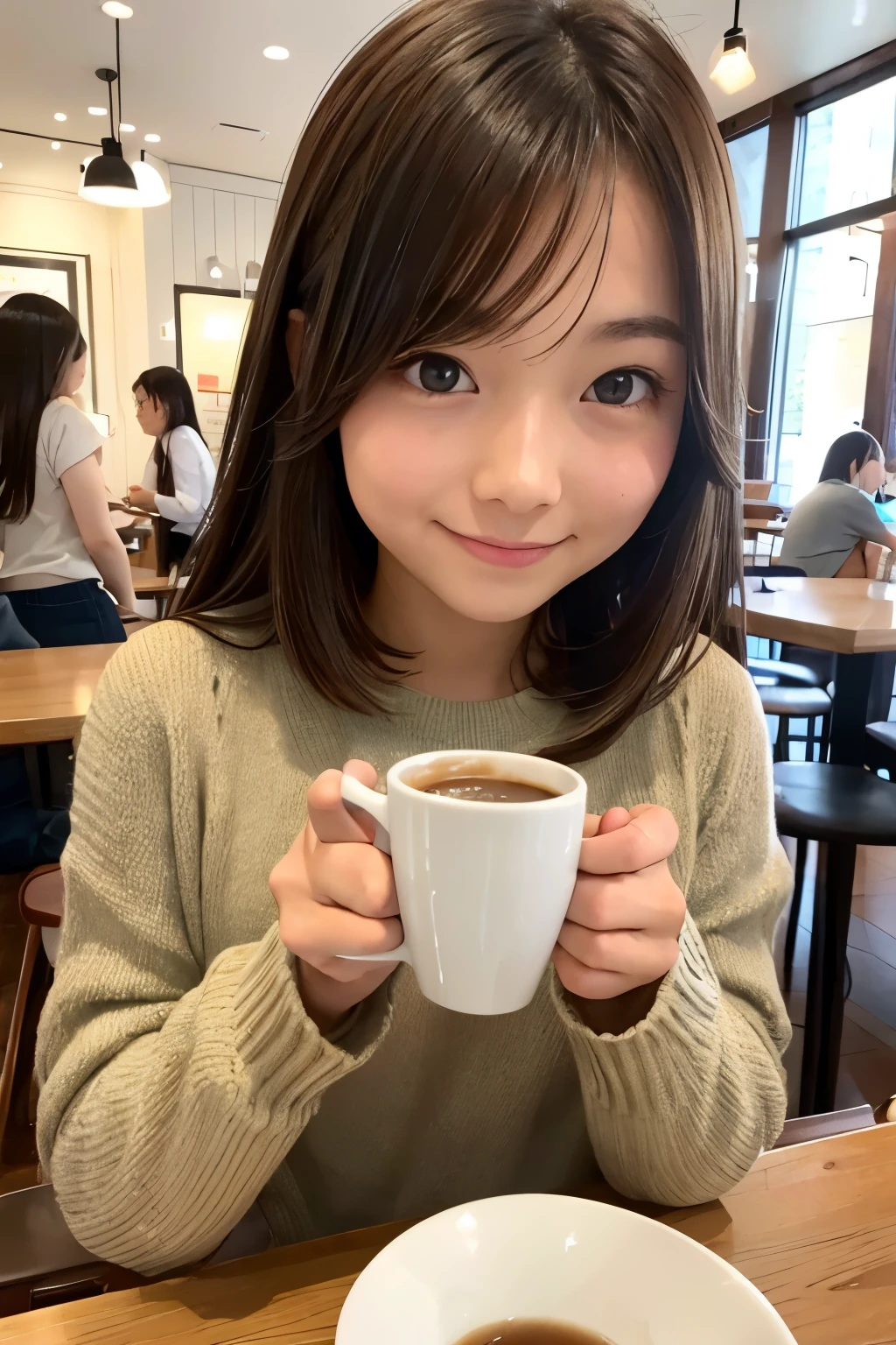 super cute girl。twenty years old。light brown wild hair。she is drinking coffee at a cafe。masterpiece