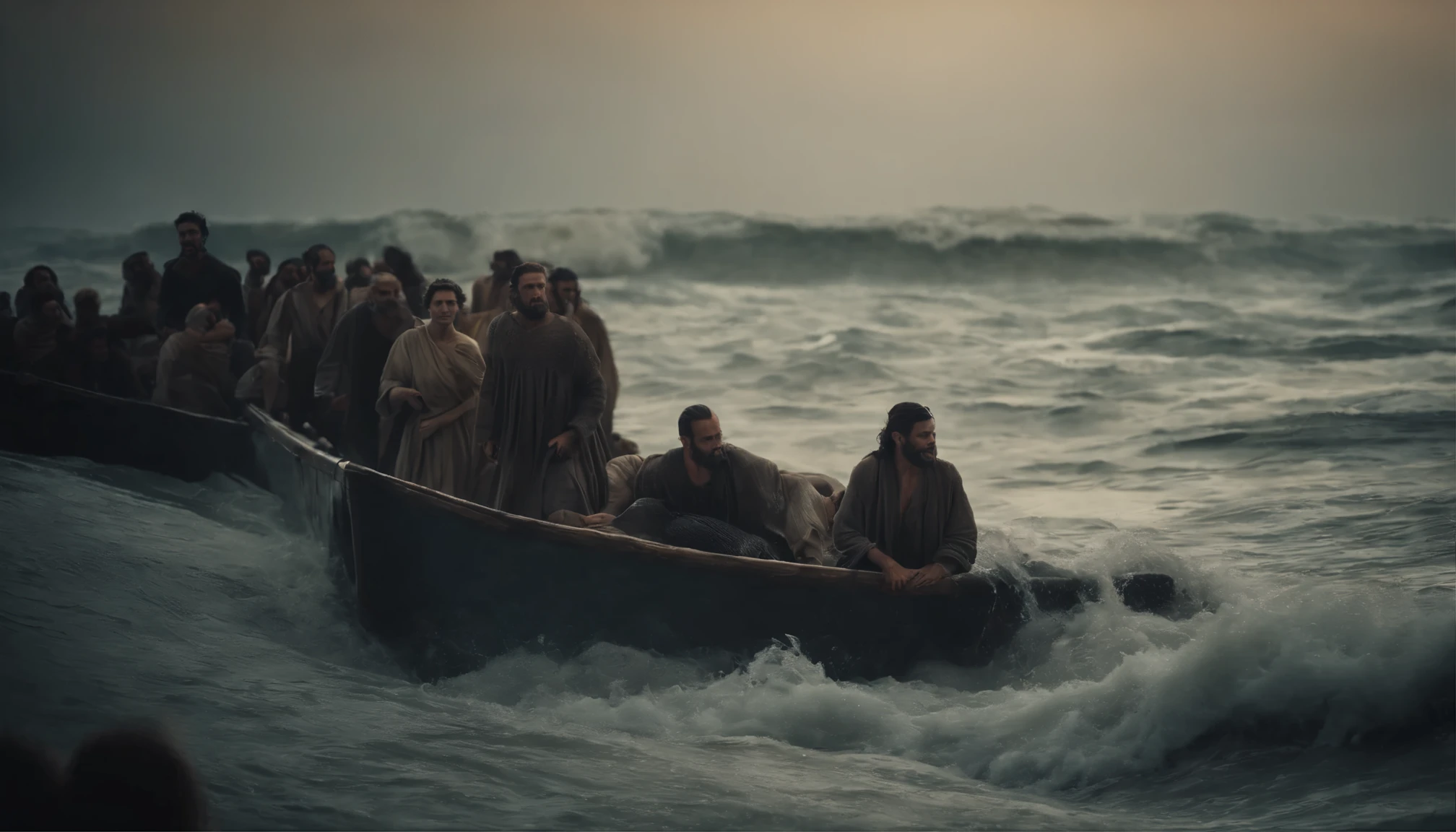 there are several people being carried away by the sea waters, biblical epic flood scene.