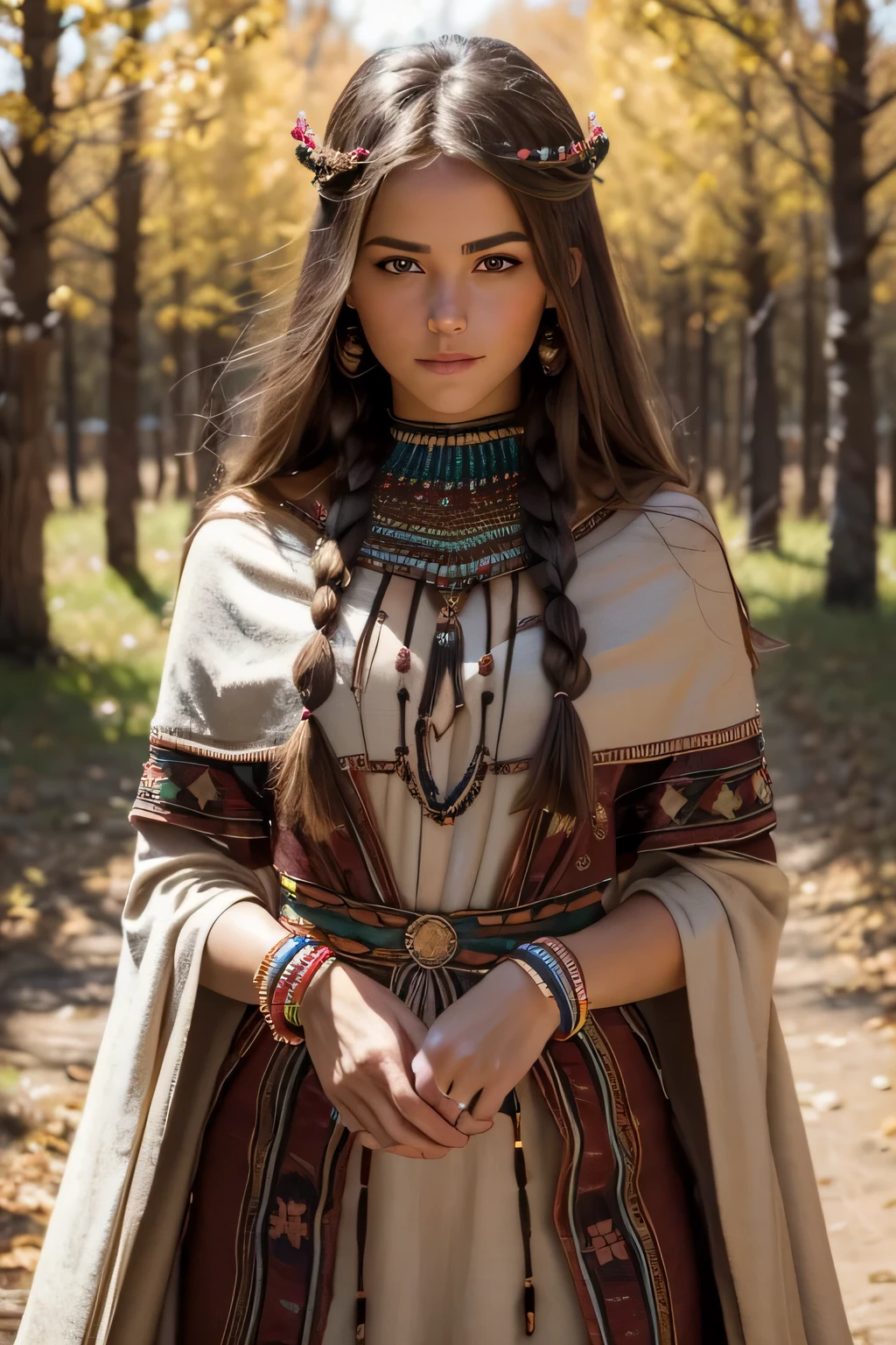 (cinematographic photography of a beautiful, detalhada mulher de 18 anos com ((facial and body features similar to those of Kristina Pimenova))), (), ((Inspirado pelos nativos americanos: Vestidos tradicionais dos nativos americanos ou roupas de couro com franjas. cena: A quiet prairie or wooded area. props: Dream Hunters, Beaded accessories, cada cobertor tribal.)), (), (), finamente detalhado, ultra-realistic features of her pale skin and (Slim and athletic body), e (symmetrical, rosto bonito e realista), foi encontrado, (), (), (()), (), fotografia de estoque de filme, Cores ricas, hiper-realista, textura realista, dramatic lighting, forte contraste