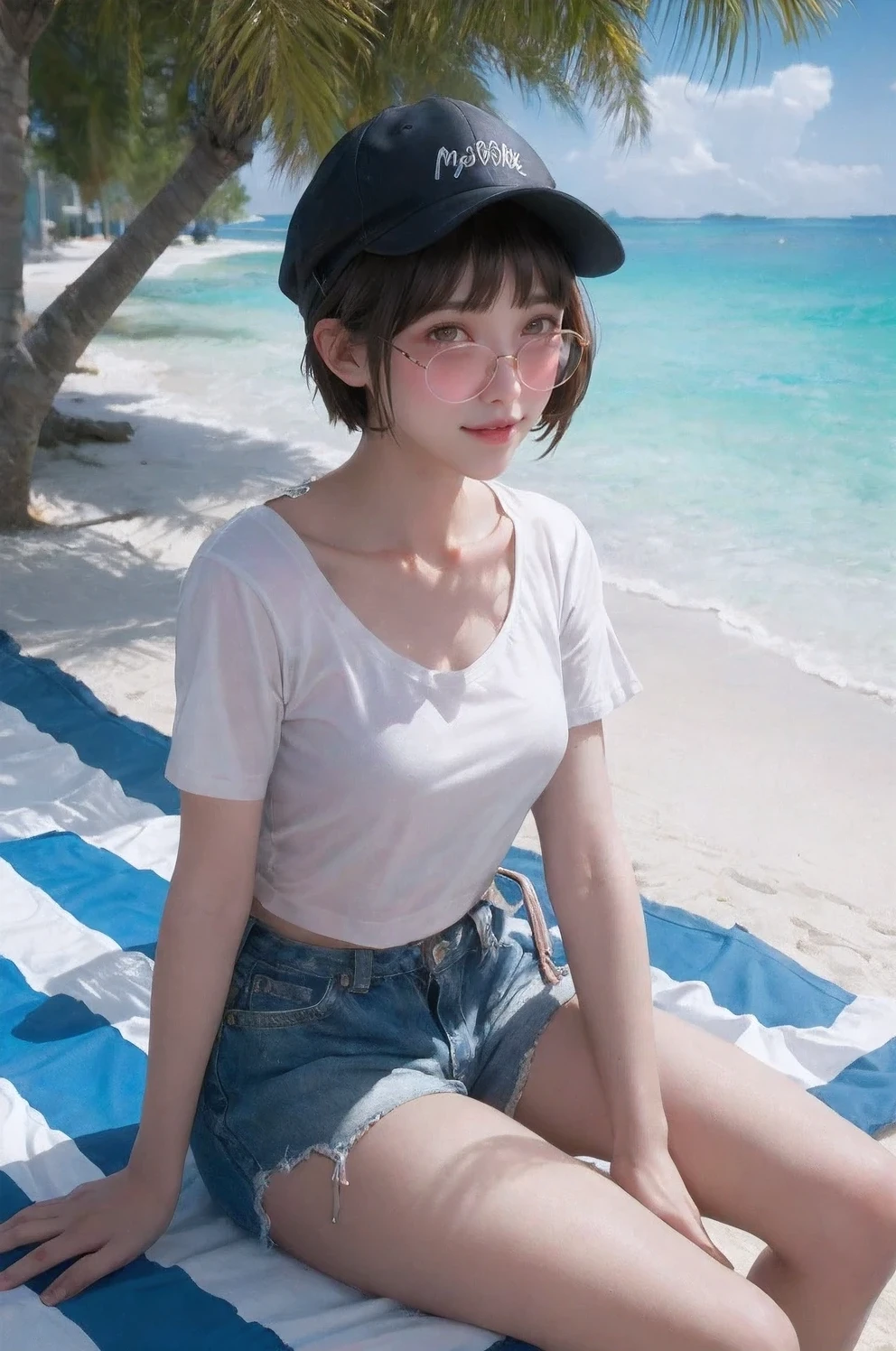 masterpiece, best quality, 1 girl, beach, sitting on a beach towel, short hair, Glasses, t-shirt, shorts, cap, blush, summer, soda can, Bag