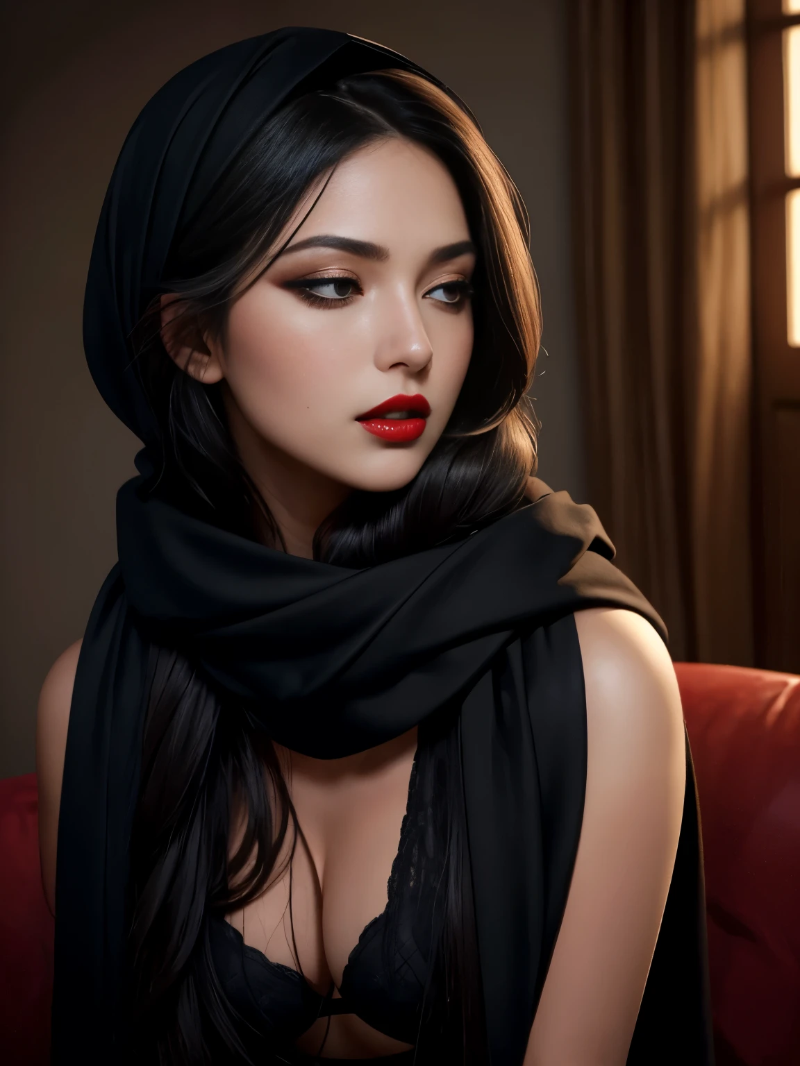 Beautiful veiled girl with long hair, hair sticking out from under the scarf. Big and beautiful black eyes, very high quality and very realistic, dark red lips and black pantyhose, bent down and big breasts, head in profile, flirting with closed eyes, long eyelashes, shadow Black eyes, black eyeliner, cinematic, detailed woman face looking at the camera, blue eyes, hot thick red lips, mouth parted with sensuality, correct deformed fingers, photorealistic, sharpened eyes